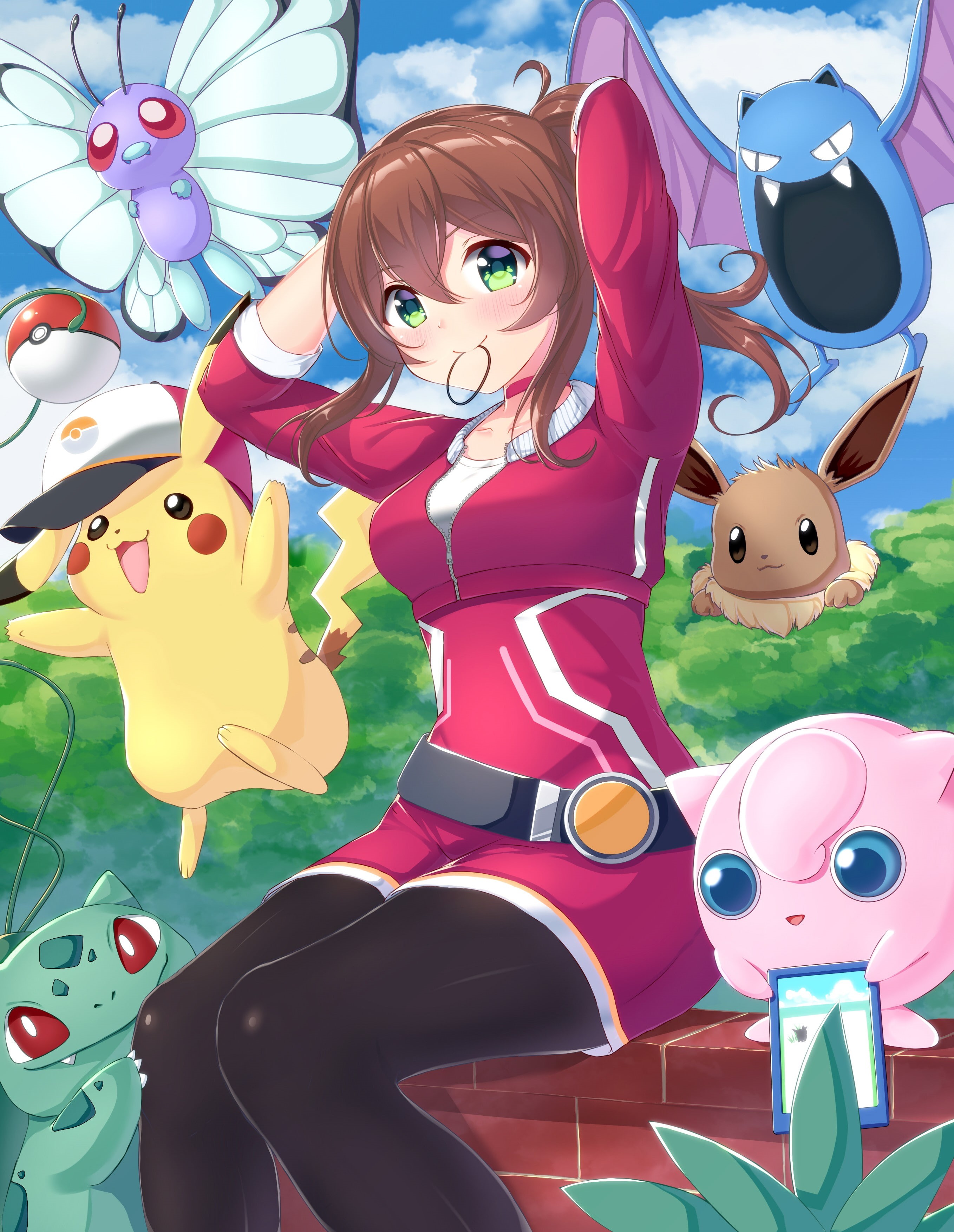 anime, 2K, Pokemon Go, Eevee, long hair, green eyes, Bulbasaur, Pokémon, Golbat, Jigglypuff, Pokémon trainers, Butter, brunette, anime girls, Pikachu, Phone HD Wallpaper