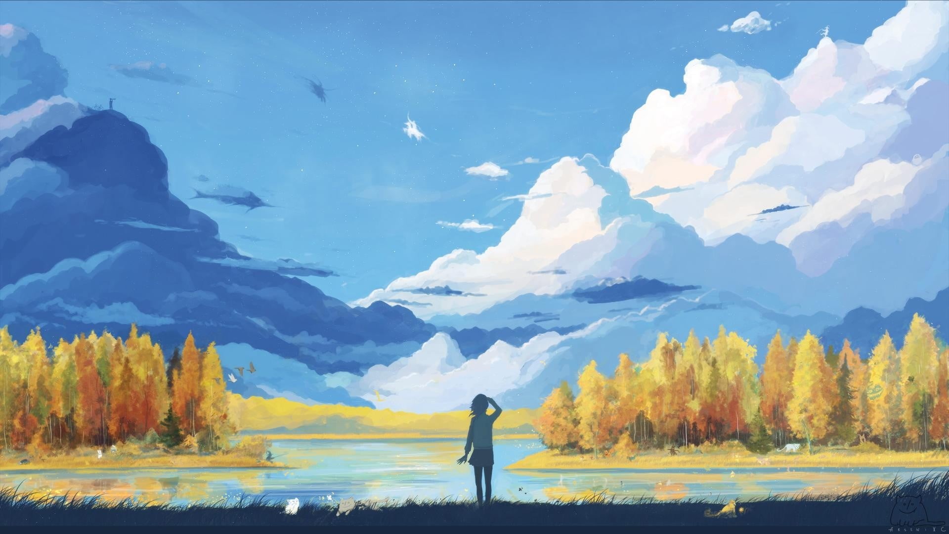 leisure activity, day, 1080P, mountain range, cloud - sky, artwork, tranquil scene, outdoors, standing, vector, lifestyles, anime girls, fantasy art, anime, HD Wallpaper