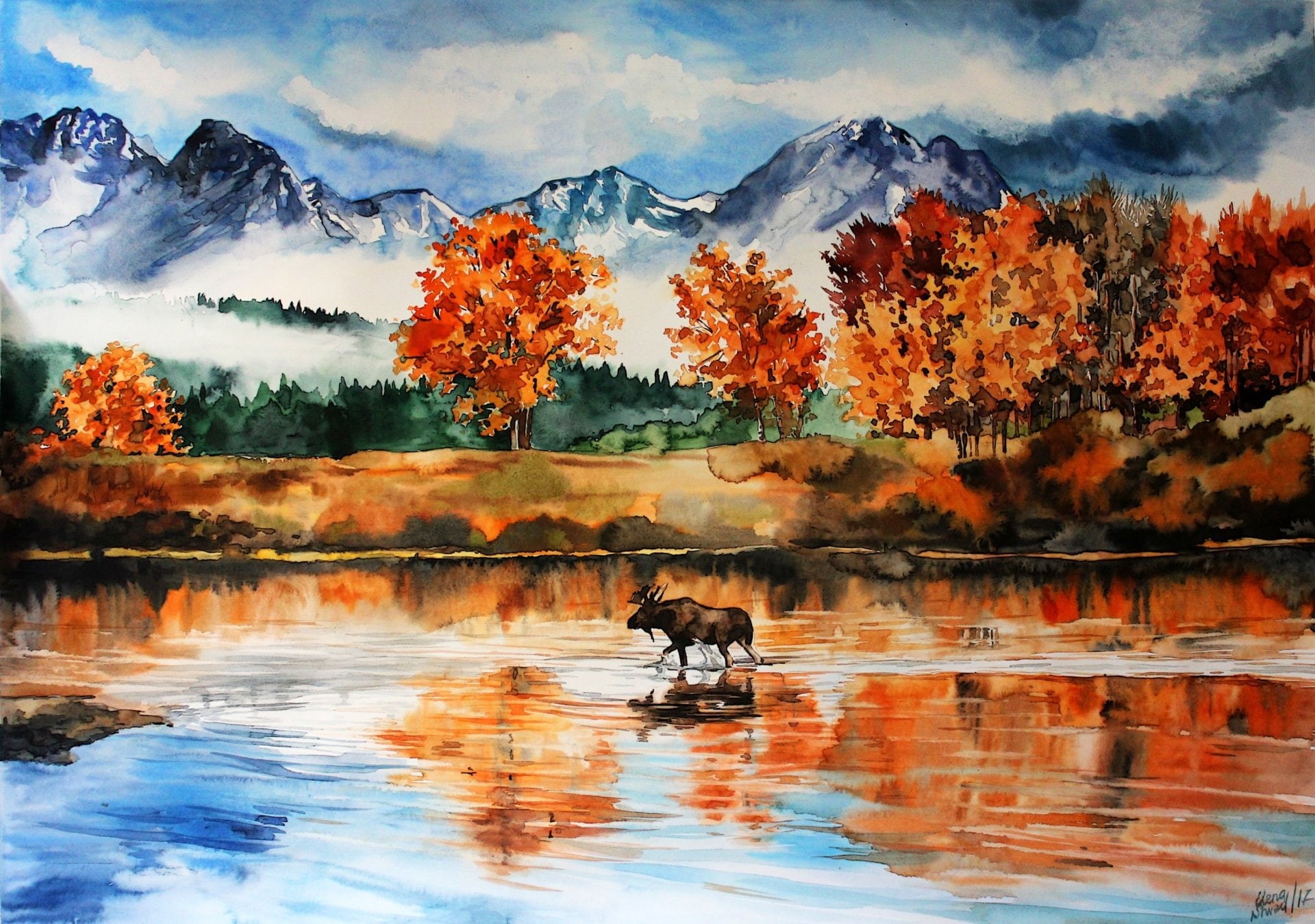waterfront, beauty in nature, 1080P, non-urban scene, Painting, Nature, Elk, orange color, Reflection, mountain range, Mountain, Watercolor, Artistic, HD Wallpaper