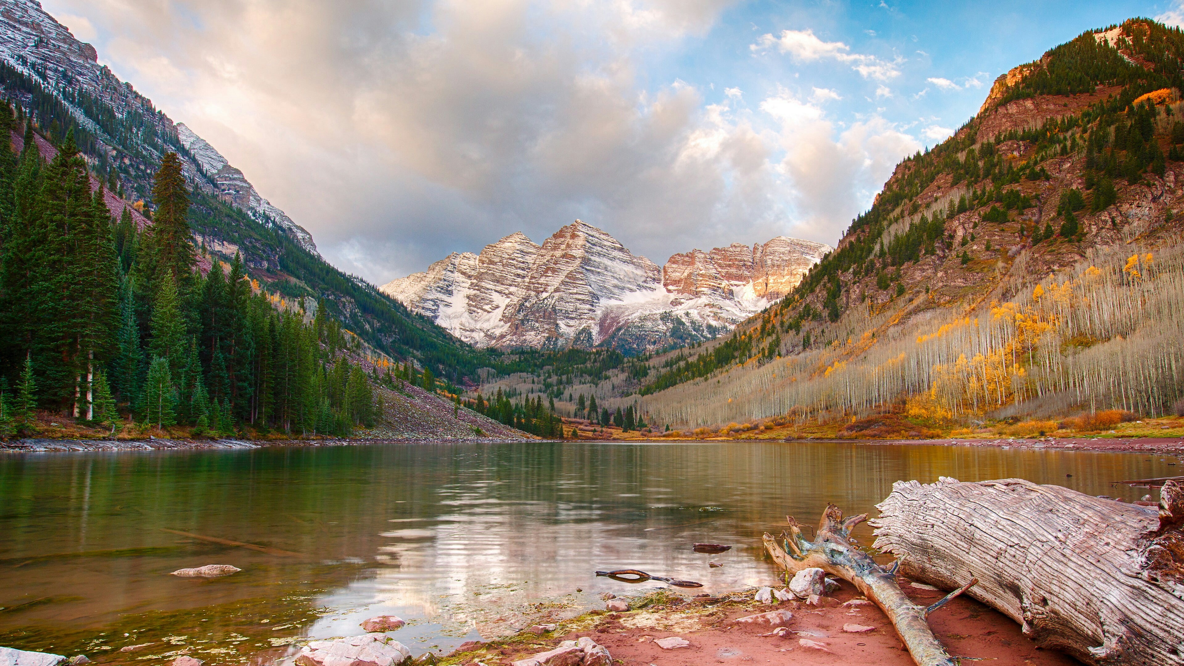 aspen, glacial valley, usa, sky, maroon lake, mountainous landforms, reflection, bank, wilderness, tree, united states, water, mountain, 4K, lake, maroon bells, HD Wallpaper