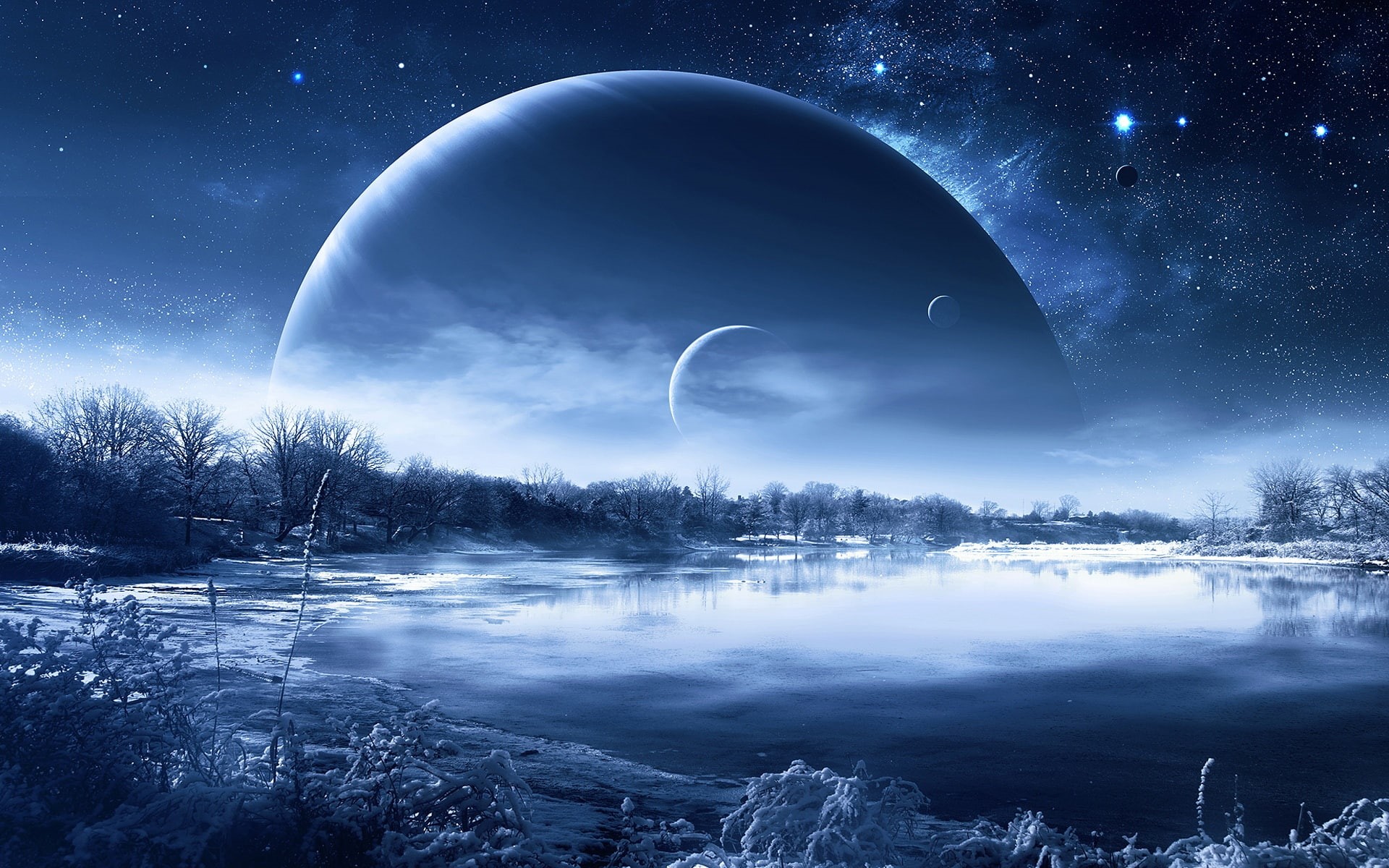 Planets, Sky, Trees, 1080P, Winter, Snow, Creative, Lake, Design, HD Wallpaper