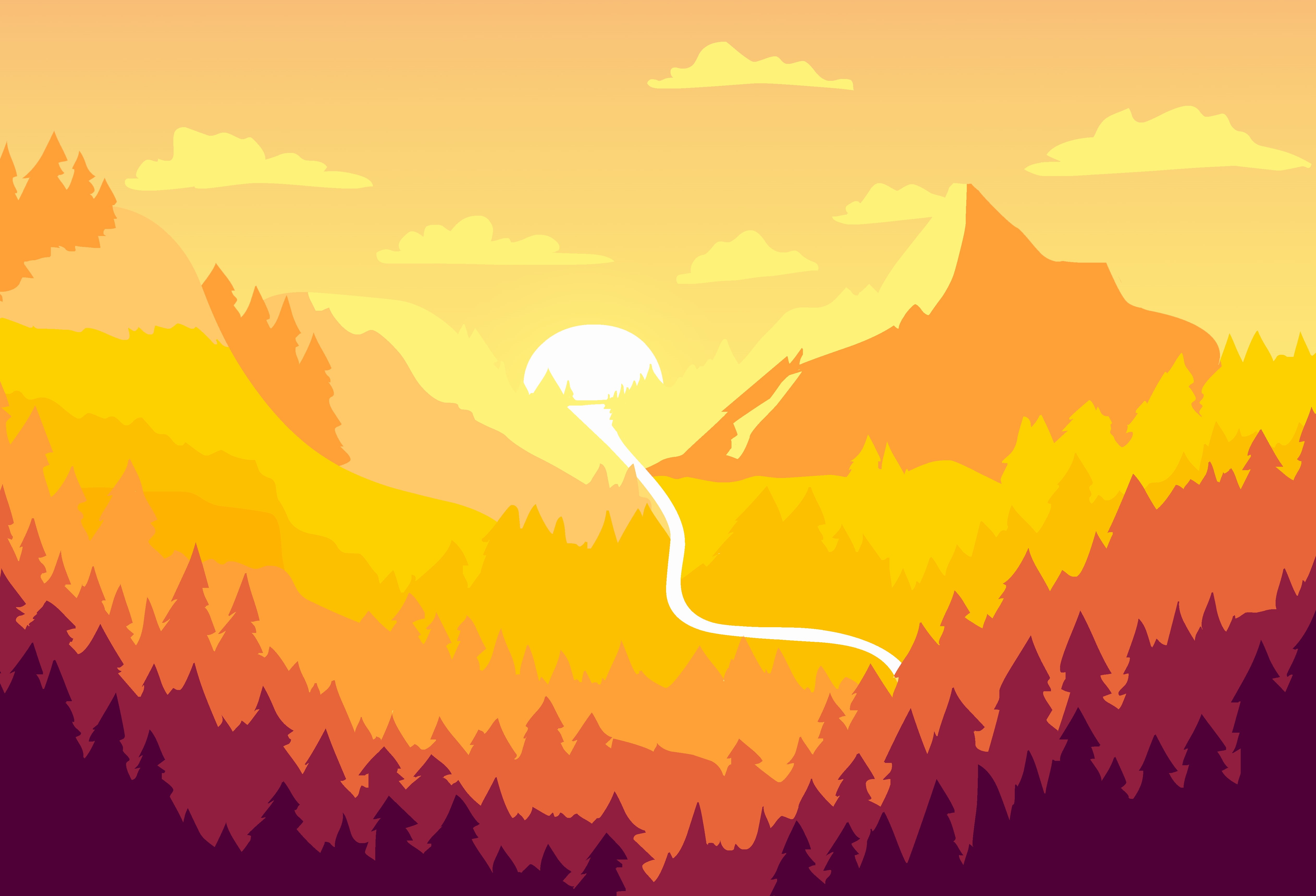 digital composite, sunset, orange color, lighting equipment, backgrounds, sunlight, nature, mountain, flying, tree, beauty in nature, 4K, minimalistic, HD Wallpaper