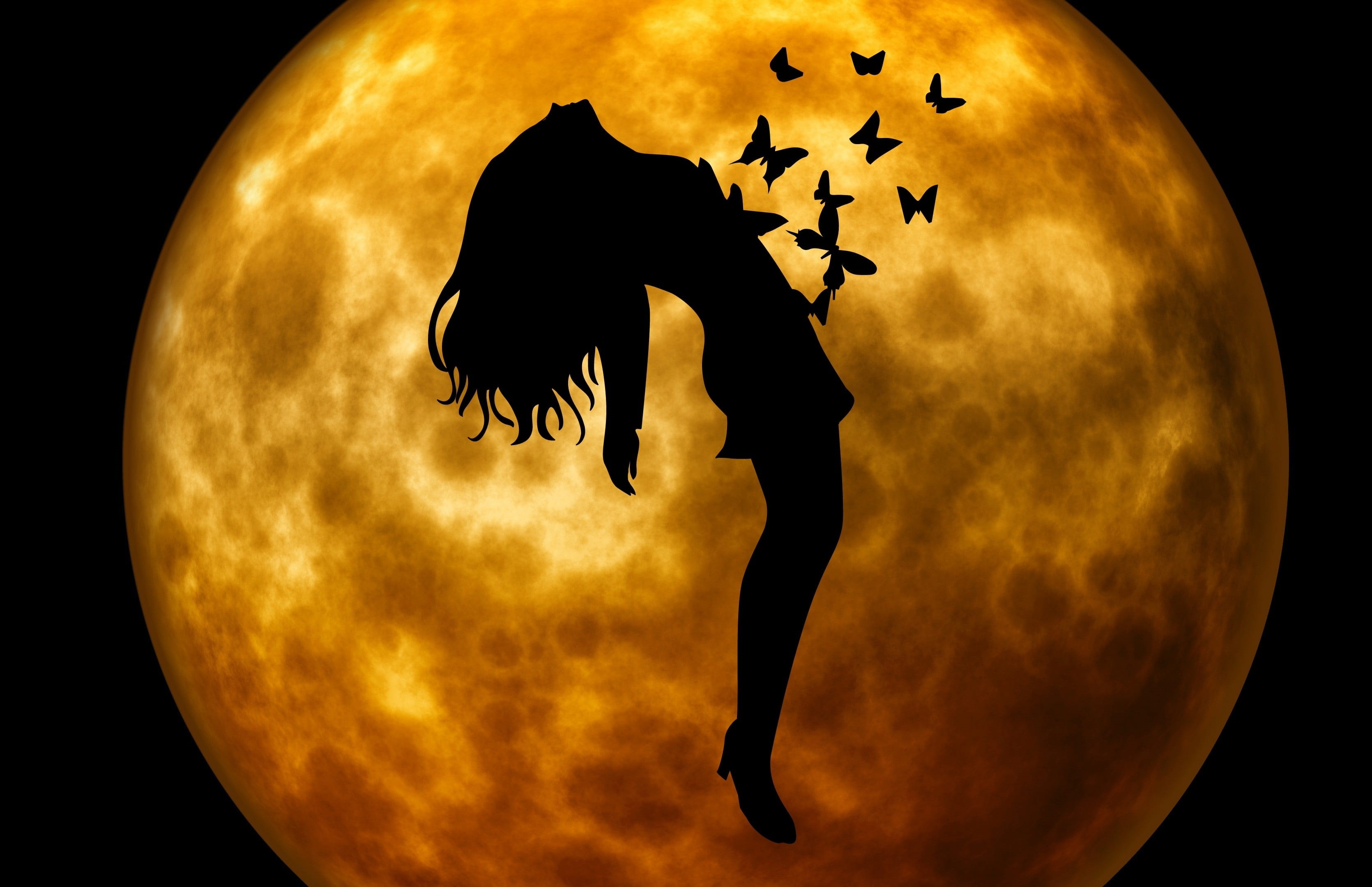 astronomy, moon, yellow, 2K, no people, black background, cloud - sky, sky, full length, full moon, shape, float, woman, witch, front, animal, animal themes, HD Wallpaper