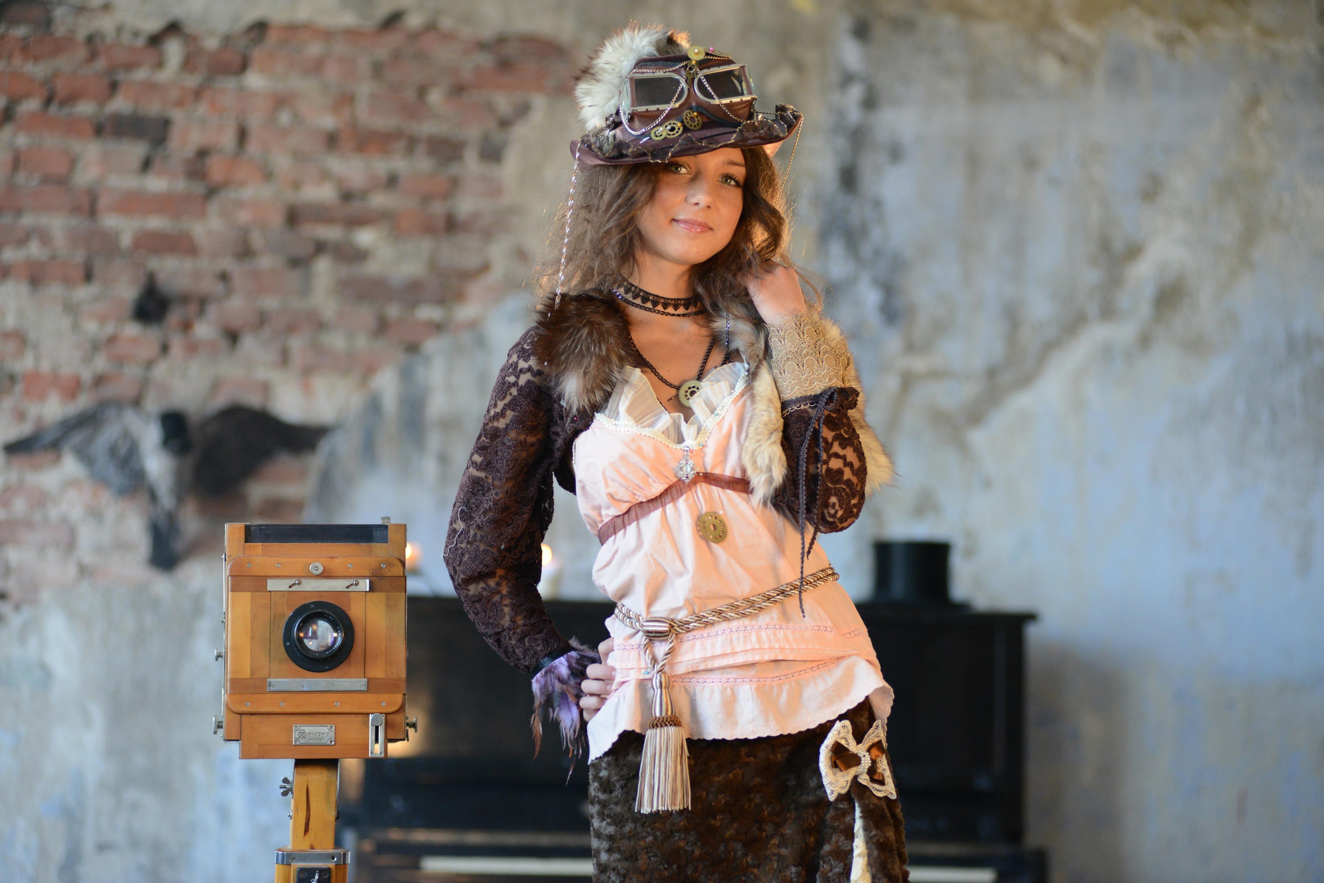 antique, three quarter length, real people, one Woman Only, one Person, camera - Photographic Equipment, people, 4K, hat, dress, girl, eye, standing, model, HD Wallpaper