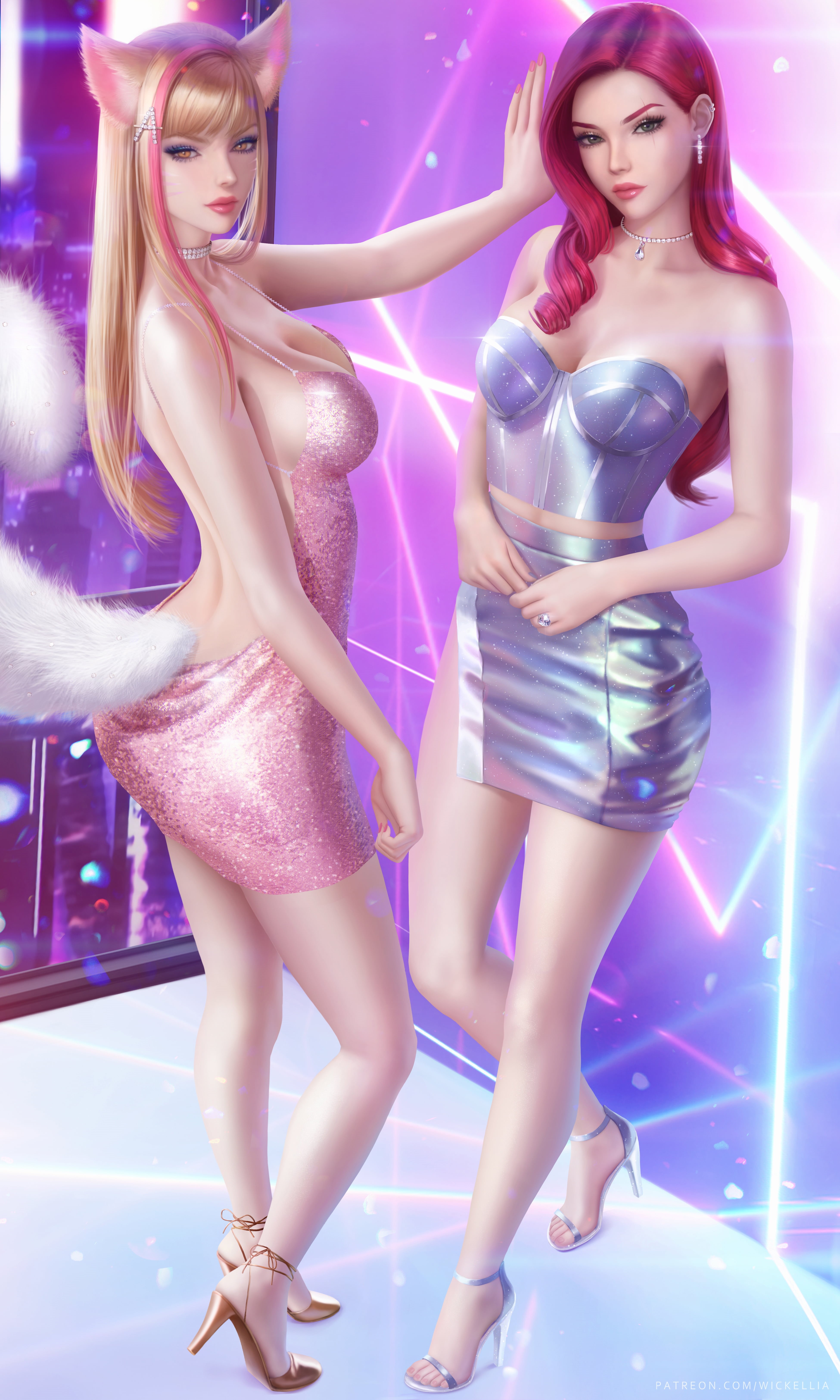 fox girl, looking at viewer, artwork, K/DA, redhead, tail, katarina (league of legends), illustration, dress, high heels, Ahri (League of Legends), blonde, Phone HD Wallpaper
