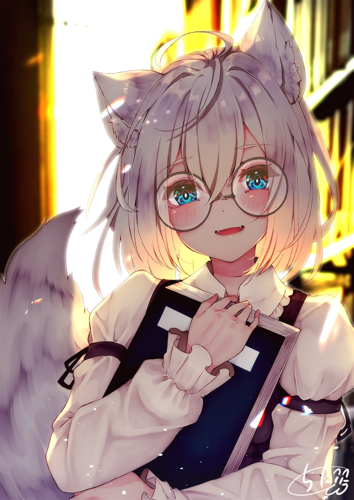 drawing, glasses, blue eyes, foxy ears, digital art, bangs, anime girls, women with glasses, portrait display, white hair, 2D, blushing, looking at viewer, Phone HD Wallpaper