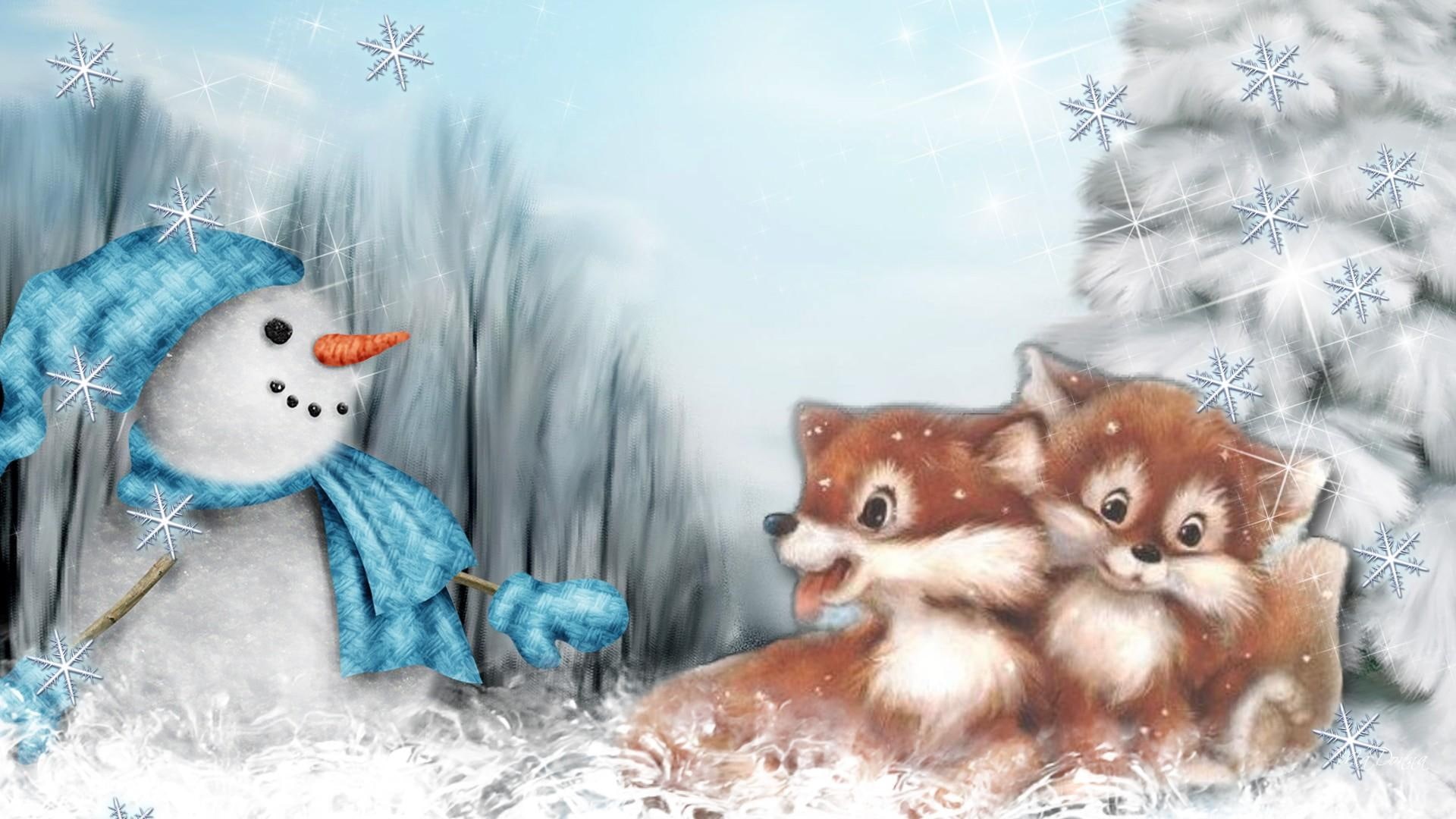snowflkaes, whimsical, foxy, snowman, snow, brand thunder, snowflakes, sweet, friends, happy, cold, 1080P, pups, trees, winter, HD Wallpaper