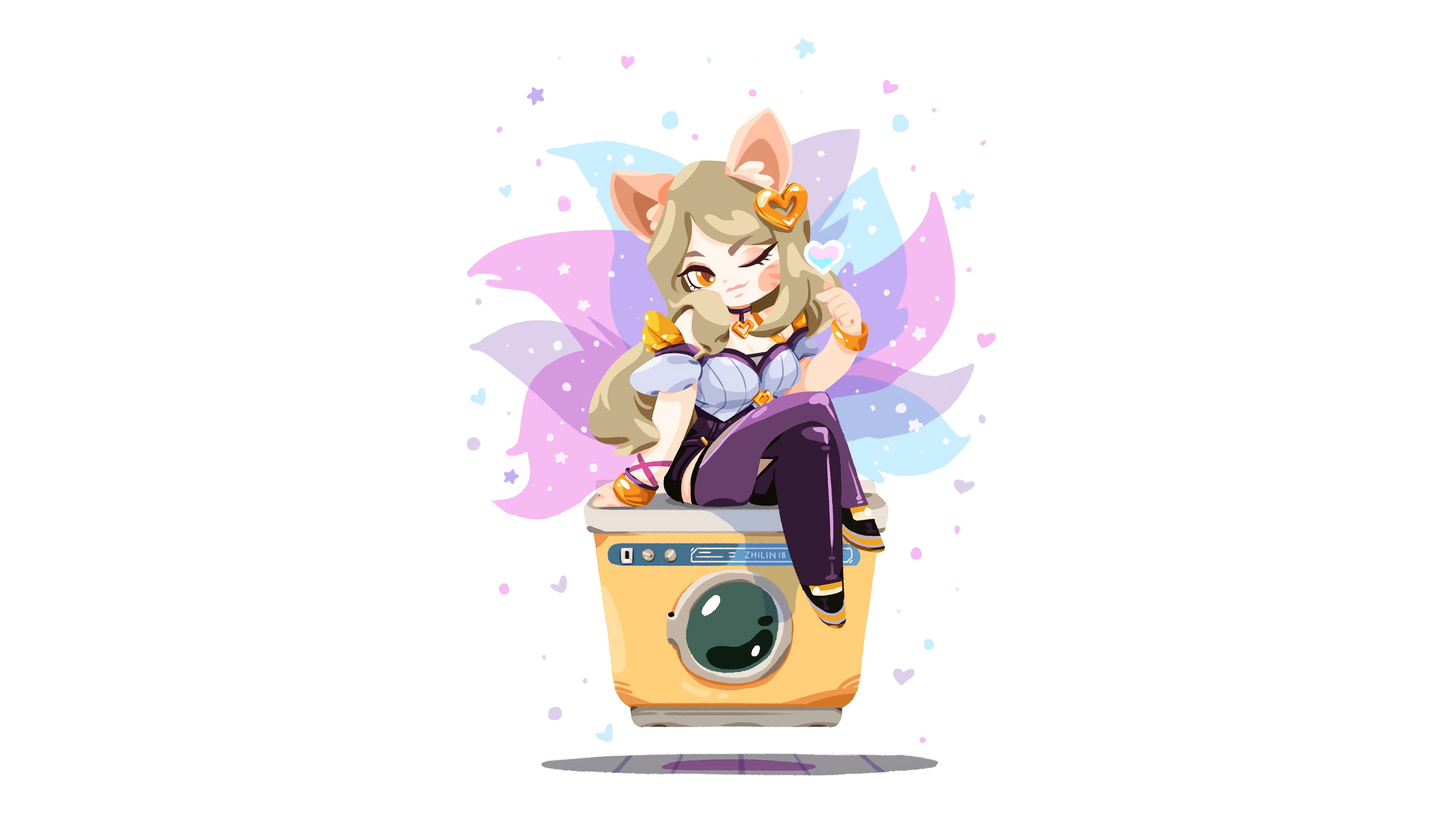 Ahri (League of Legends), foxy ears, 4K, League of Legends, video games, white background, Ahri, KDA Ahri, nine tails, HD Wallpaper