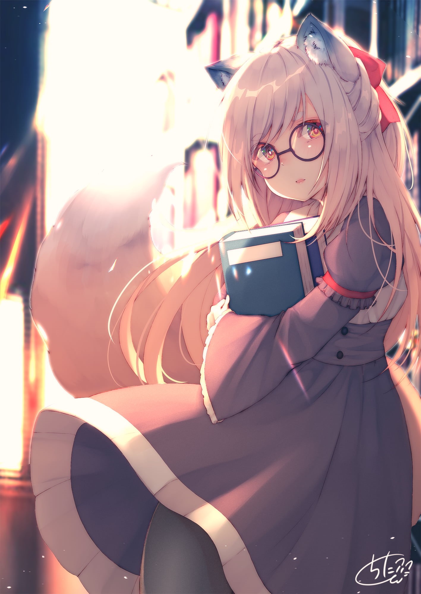 long hair, books, anime, 1080P, women with glasses, 2D, artwork, lens flare, foxy ears, illustration, anime girls, drawing, original characters, fox girl, Phone HD Wallpaper