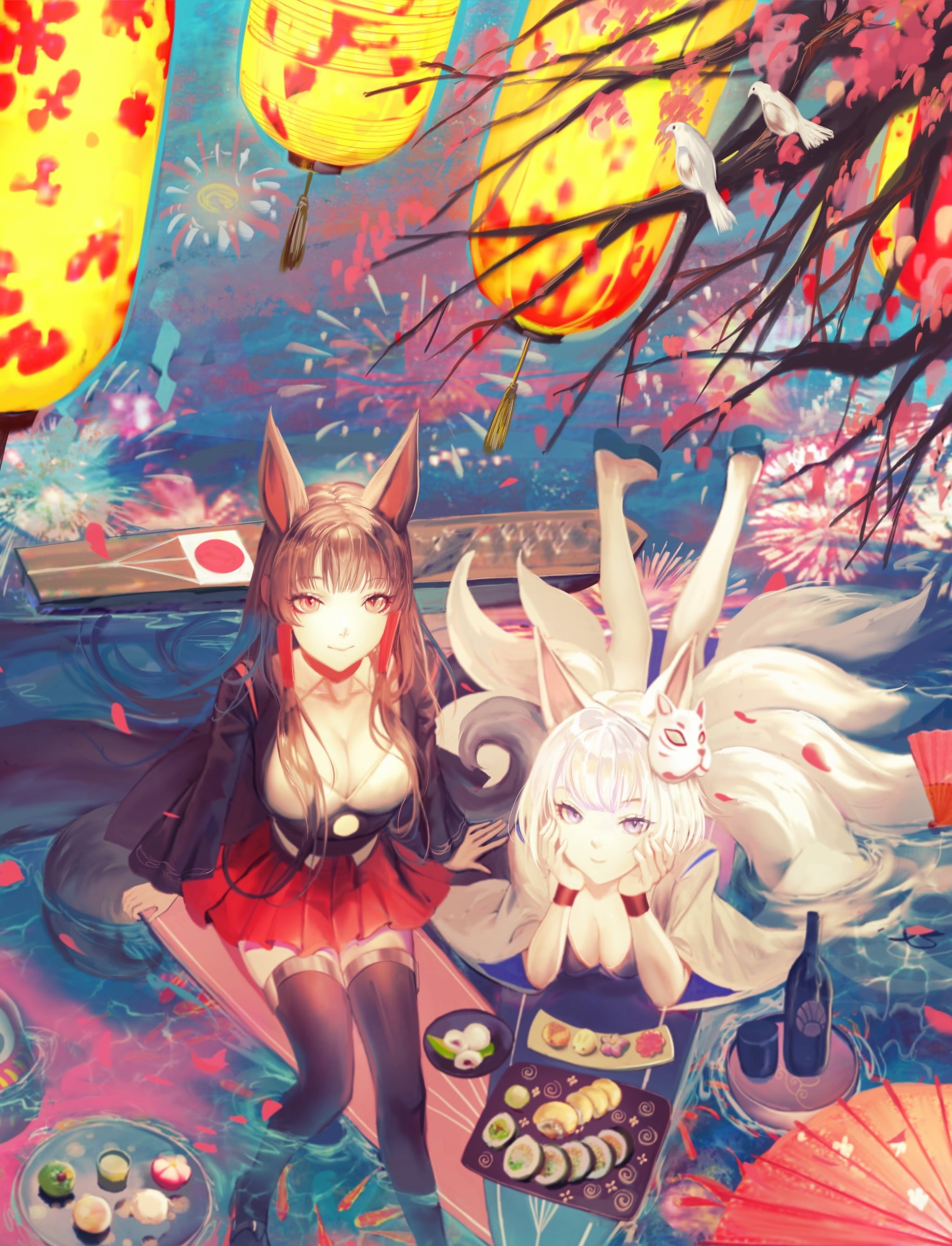 anime girls, blossom, Akagi (Azur Lane), fan art, water, video game girls, birds, 2D, vertical, Kaga (Azur Lane), looking at viewer, smiling, thigh-highs, Phone HD Wallpaper