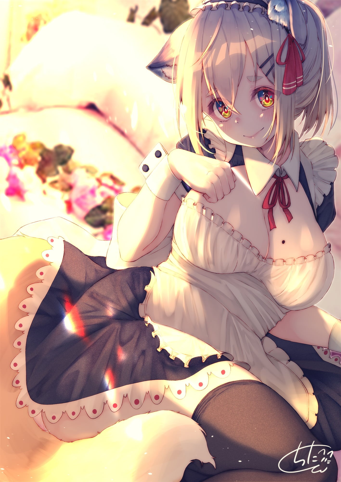 original characters, fantasy girl, illustration, lens flare, uniform, chita (ketchup), 1080P, anime girls, anime, dress, tail, smiling, maid, cleavage, Phone HD Wallpaper