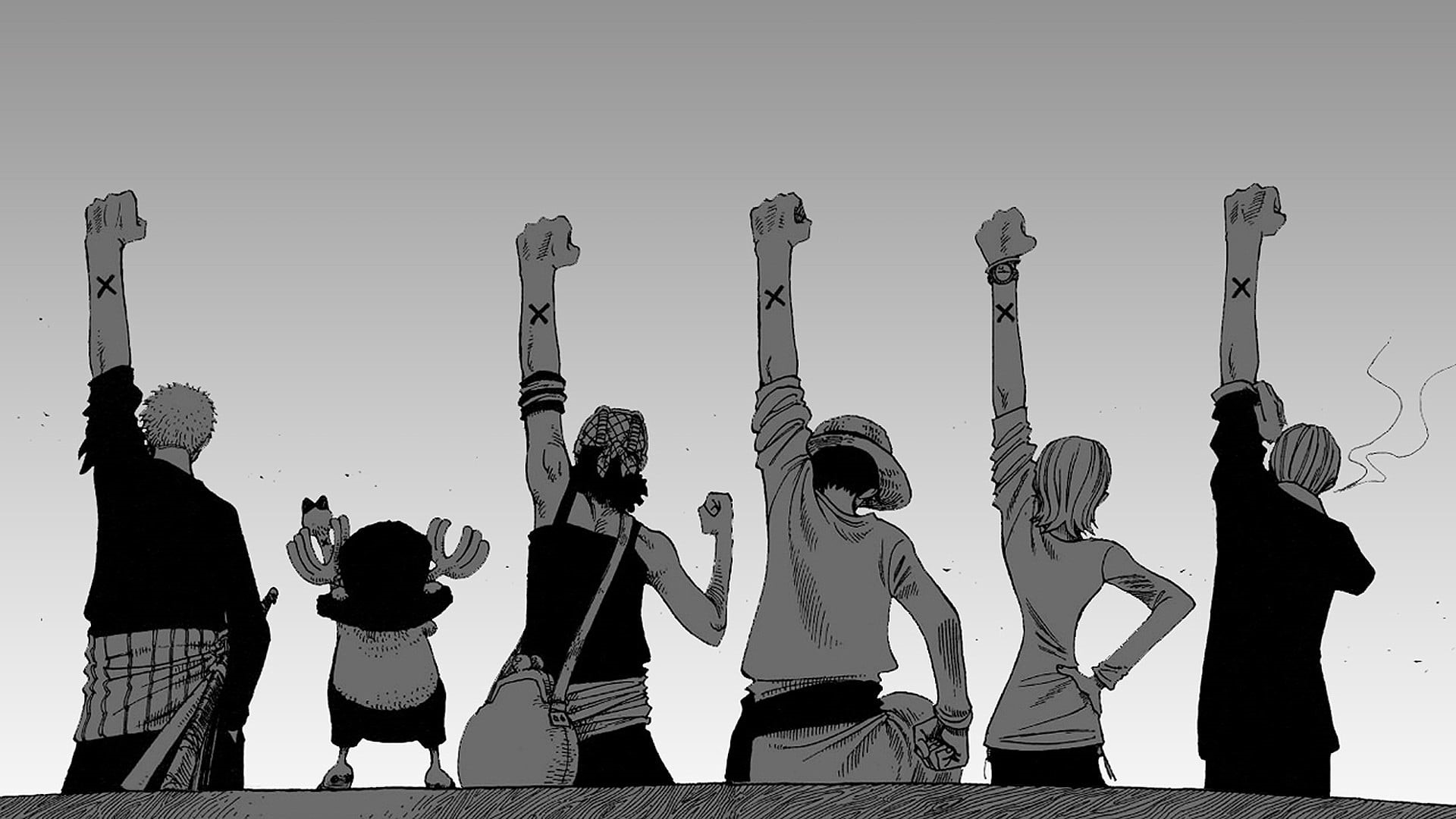 illustration, One Piece, dancing, character, monochrome, clear sky, men, rear view, togetherness, casual clothing, human arm, standing, group of people, HD Wallpaper