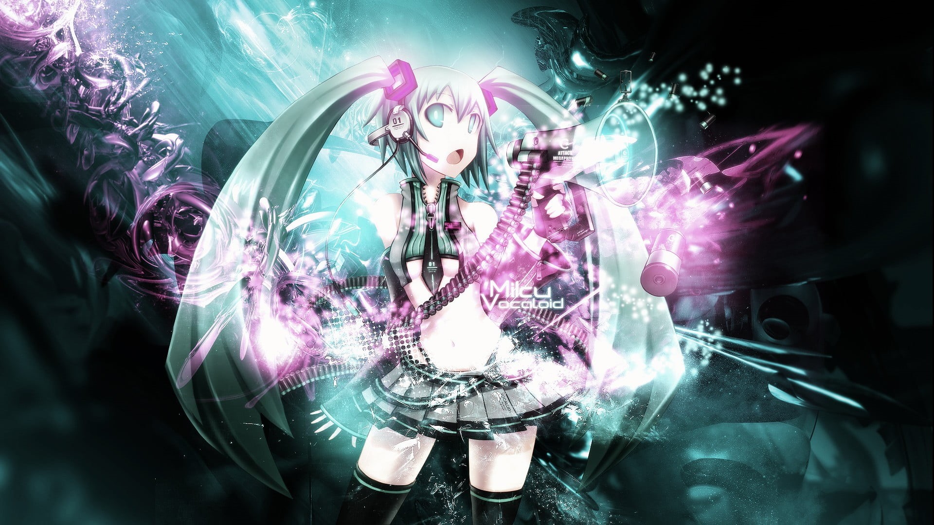night, technology, lighting equipment, futuristic, beautiful woman, hatsune, indoors, illuminated, purple, twintails, 1080P, blurred motion, digital composite, HD Wallpaper