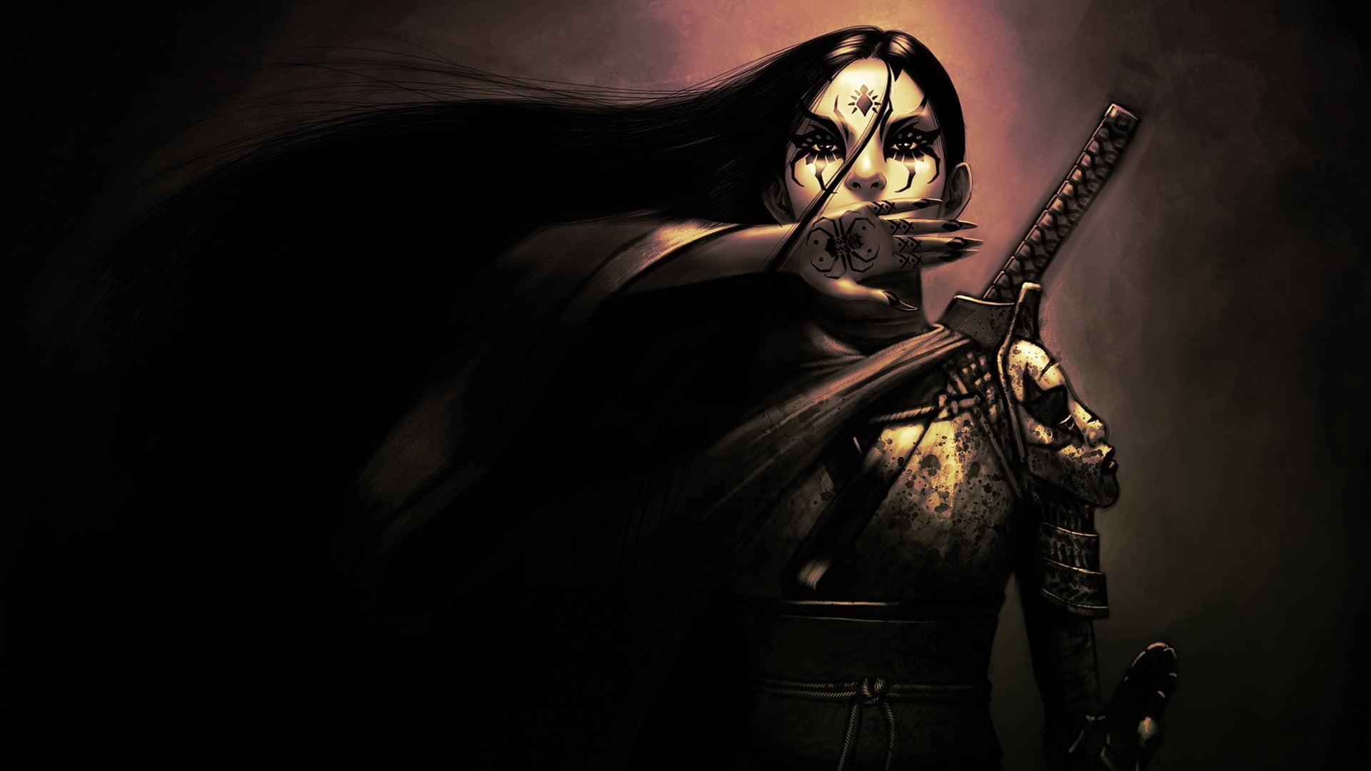 beautiful woman, females, indoors, dark, one Person, woman, 1080P, disguise, murderer, samurai, knife - weapon, sword, studio Shot, mystery, fantasy, adult, HD Wallpaper