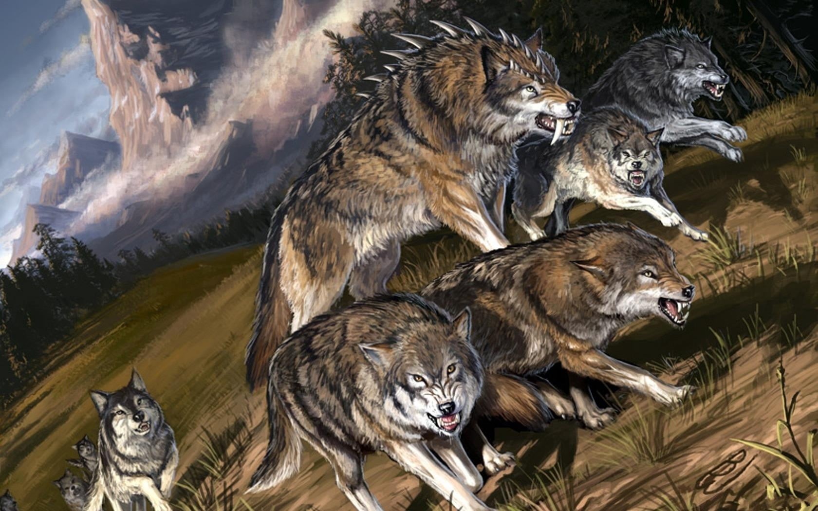 outdoors, nature, painting, animal themes, animal wildlife, wolves, cruel, wildlife, pack, mouth, medium group of animals, day, cat, flight, group of animals, HD Wallpaper