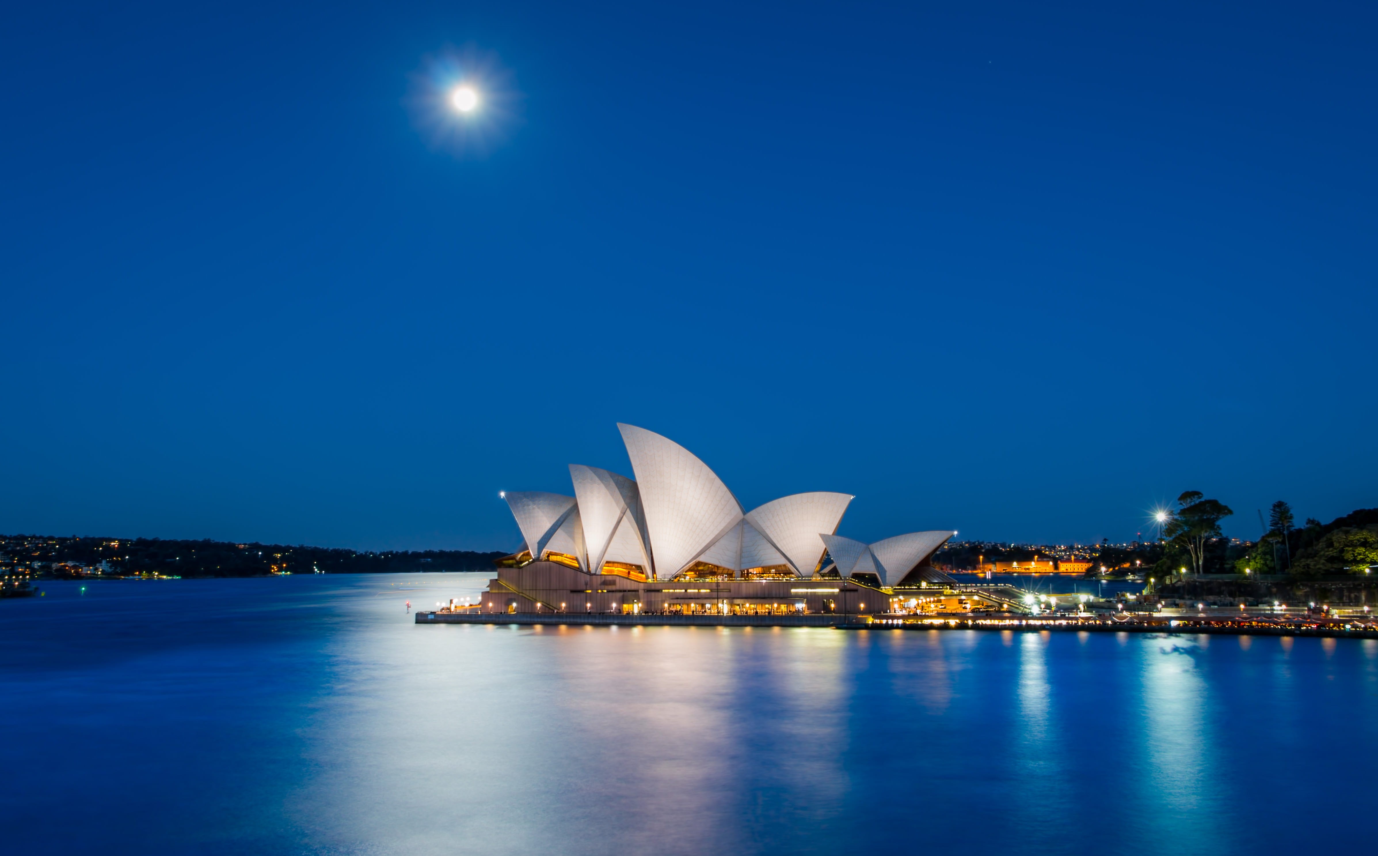 transportation, dusk, smooth, long exposure, operahouse, night sky, cityscape, moon light, iconic, building exterior, nature, built structure, illuminated, HD Wallpaper