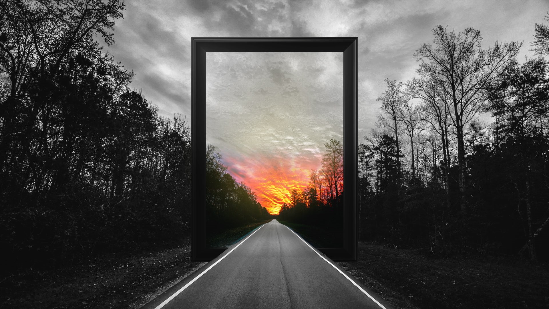 forest, 1080P, road, photo manipulation, frame, clouds, Matrizen Design, Photoshop, digital art, sunset, HD Wallpaper