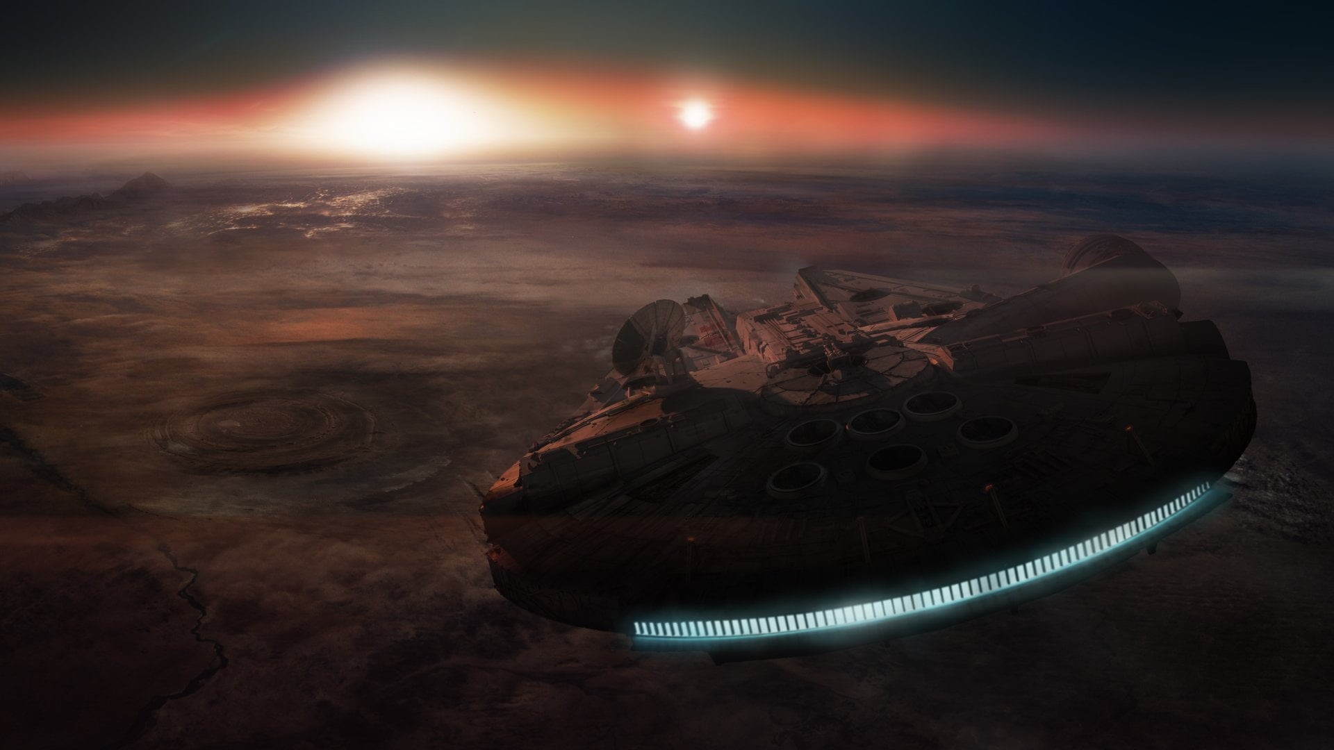 Millennium Falcon, Sunset, Jakku (Star Wars), Star Wars, cloud - sky, mountain, Star Wars Episode VII: The Force Awakens, space, landscape, tranquility, HD Wallpaper