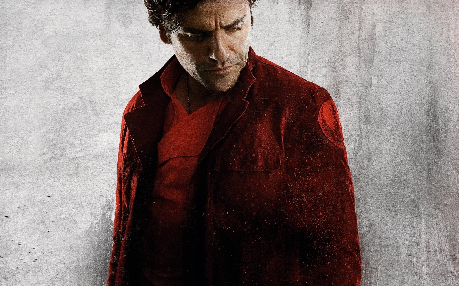 looking at camera, front view, young adult, looking down, standing, casual clothing, Star Wars: The Last Jedi, young men, red, Poe Dameron, Oscar Isaac, HD Wallpaper