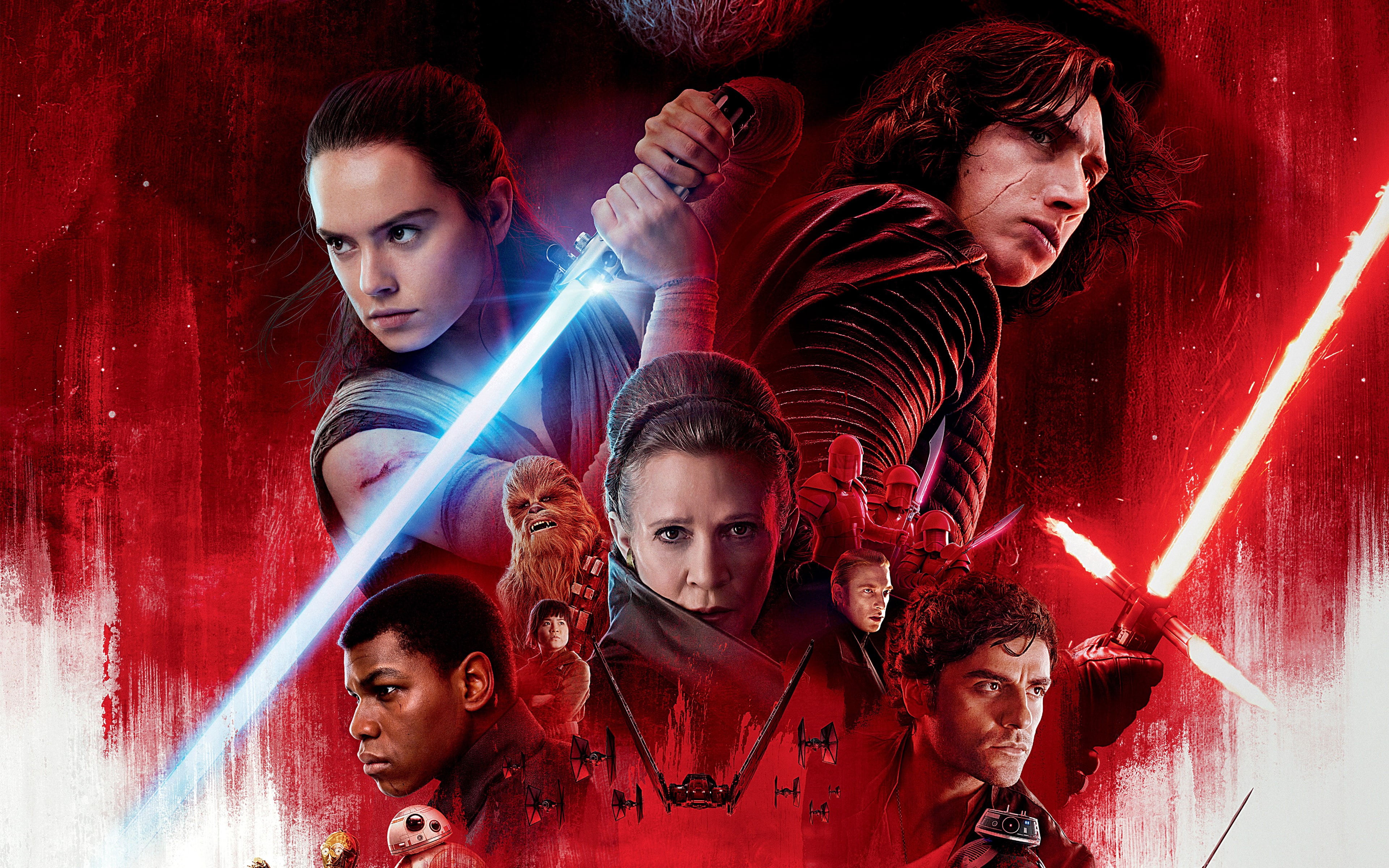 Kylo Ren, Carrie Fisher, Poe Dameron, Lightsaber, Star Wars, John Boyega, Daisy Ridley, Finn (Star Wars), Rey (Star Wars), Adam Driver, Chewbacca, Star Wars: The Last Jedi, HD Wallpaper