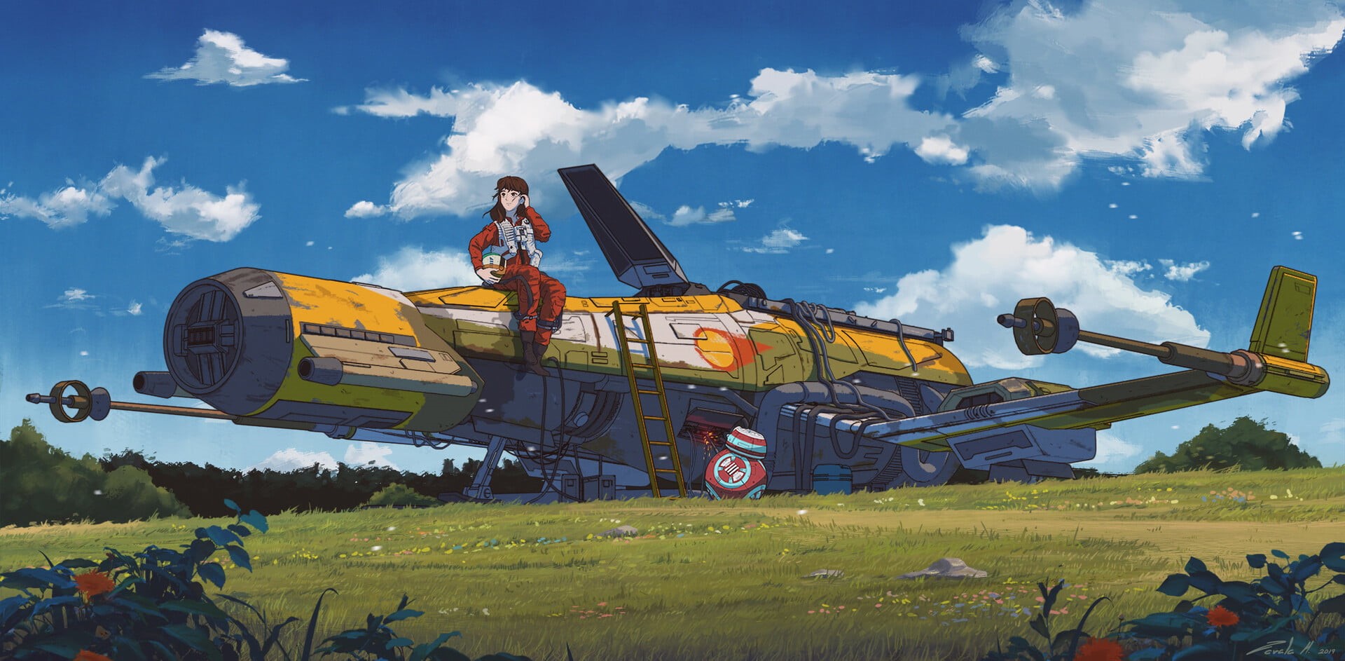 1080P, long hair, 2D, BB-8, Studio Ghibli, clouds, anime girls, Star Wars, crossover, original characters, fan art, parody, spaceship, brunette, field, HD Wallpaper