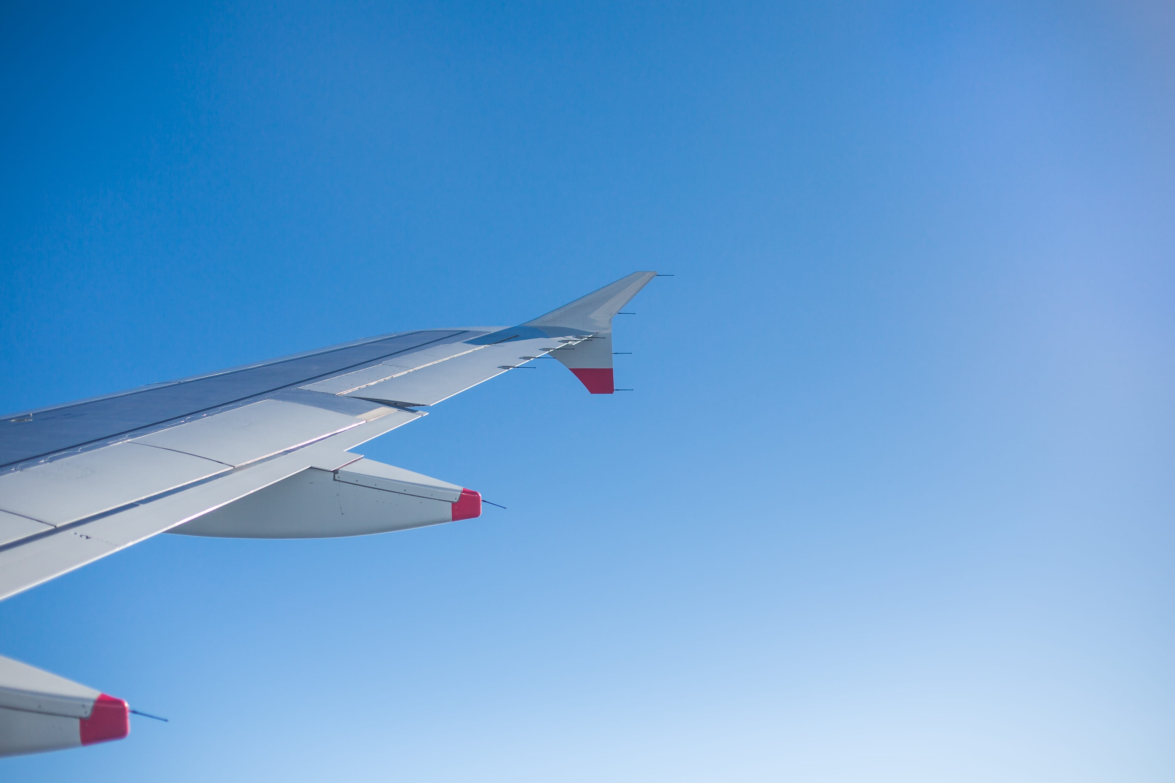 bright, copy space, day, blue, flight, Wing, flying, minimalistic, Window, sky, outdoors, aerospace industry, nature, airplanes, planes, simple, travel, HD Wallpaper