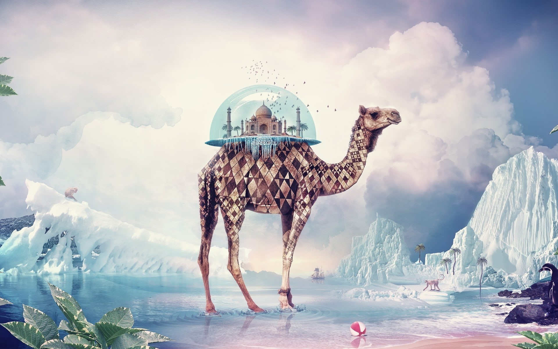 built structure, digital composite, water, building exterior, animals digital art camels artwork surreal taj mahal birds sphere iceberg clouds leaves palm trees sailing ships monkeys sea sand beach ball rock waves nature, HD Wallpaper
