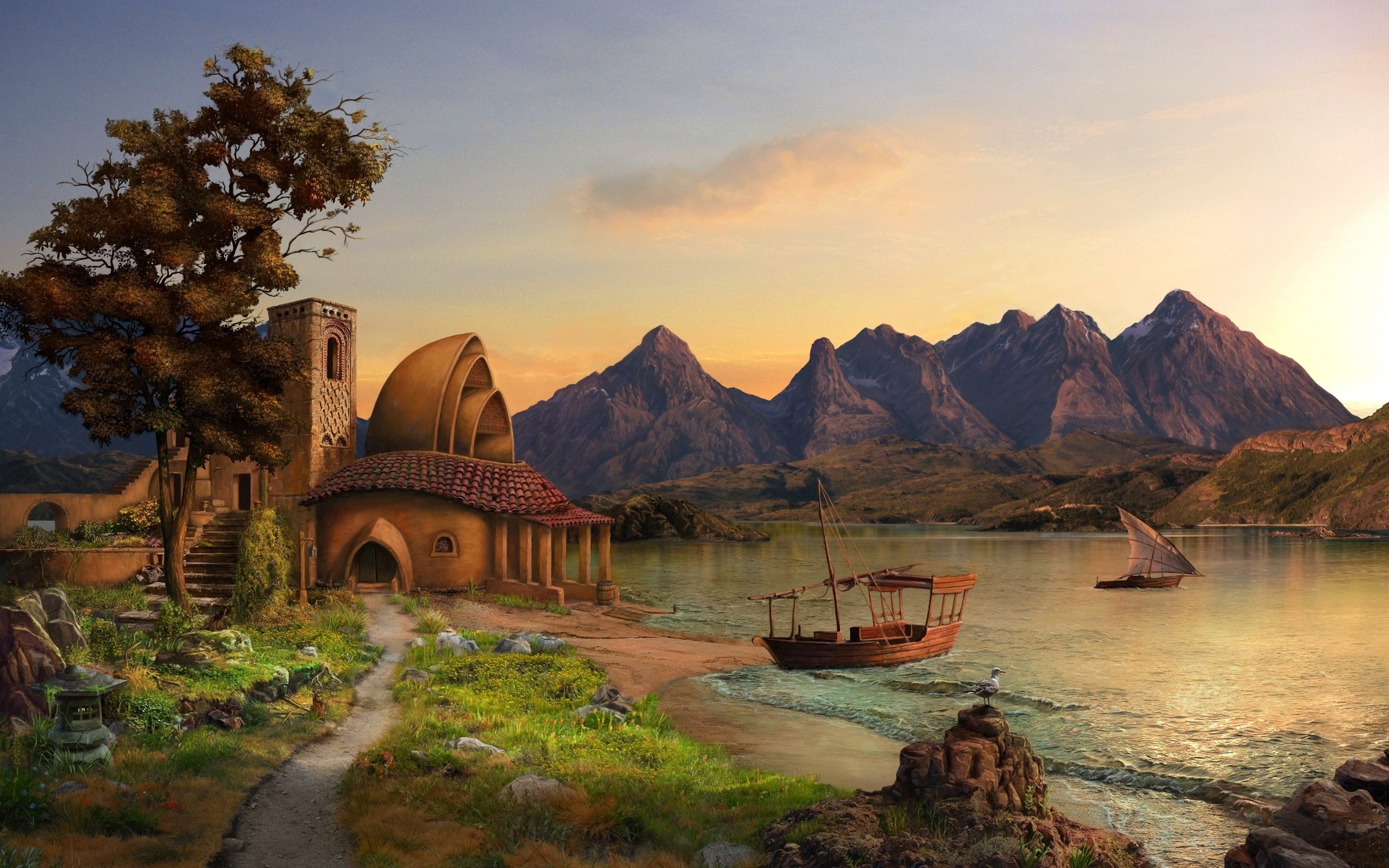 path, nature, trees, rock, 2K, lake, house, sailing ship, artwork, clouds, digital art, Max Antonov, mountains, landscape, HD Wallpaper