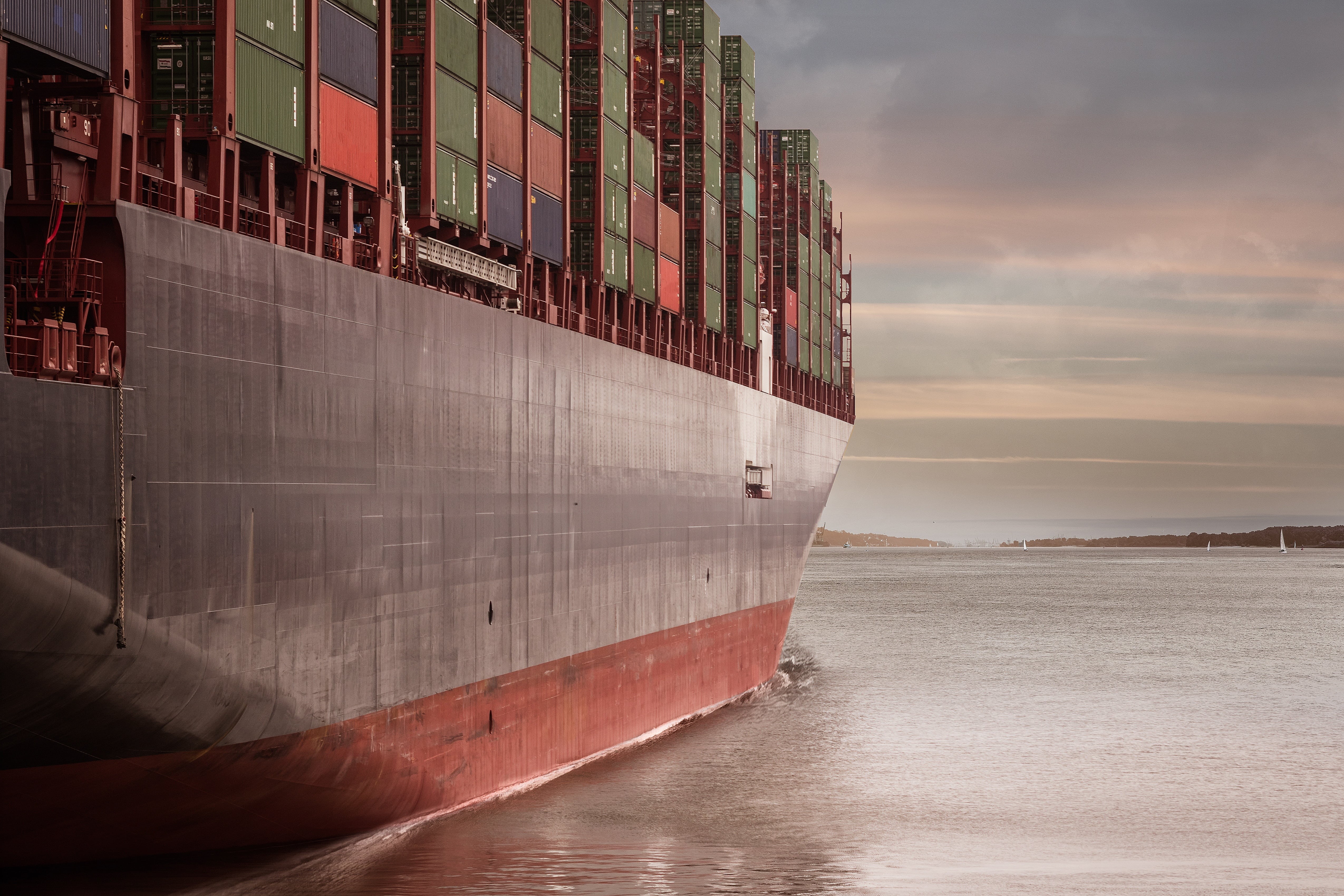 ship, logistics, harbor, water, shipping company, cargo Container, representation, industrial Ship, 4K, lake, terminal, sunset, sky, mode of transportation, HD Wallpaper