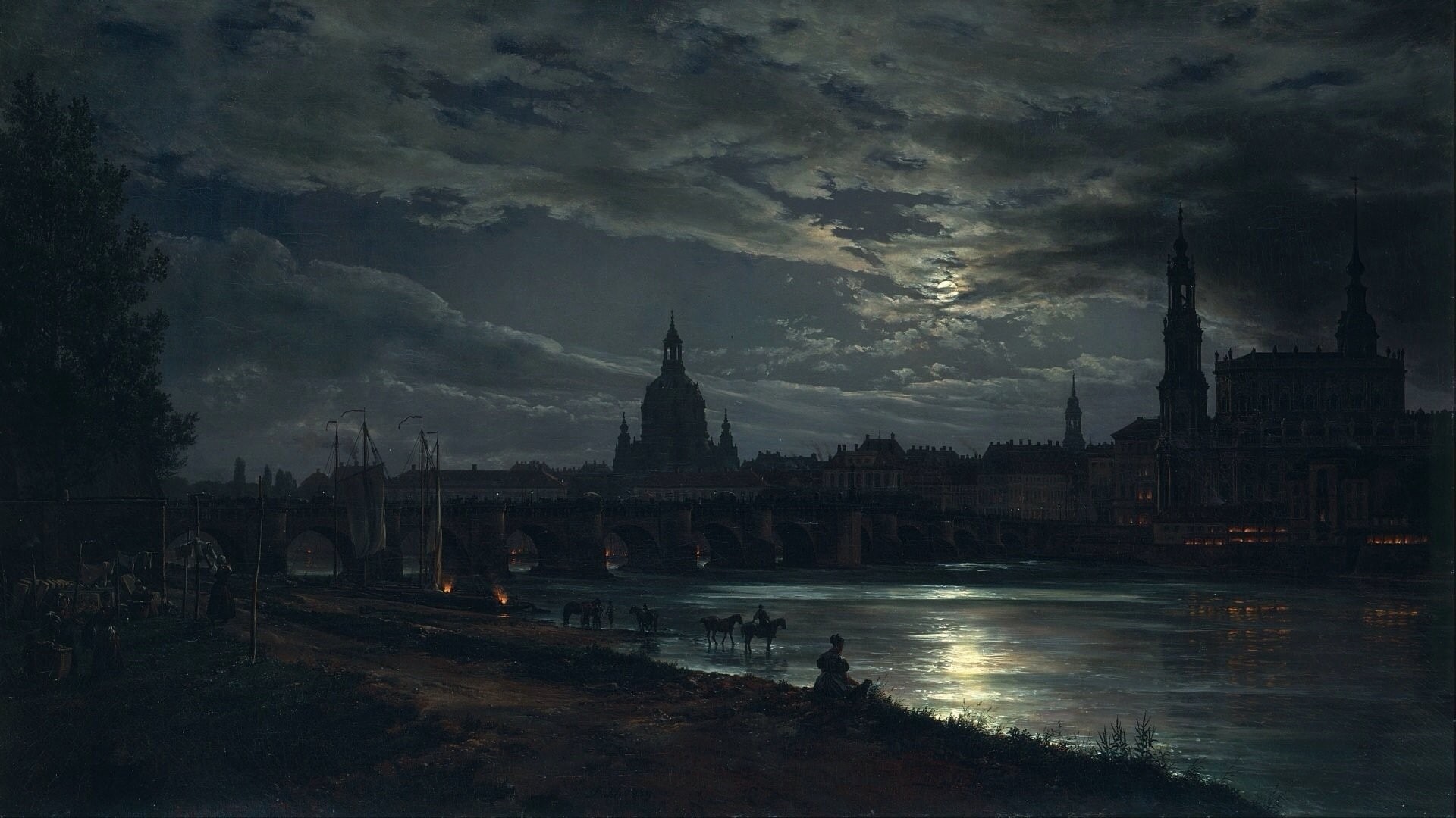 Moon, Trees, river, Cathedral, J. C. Dahl, Dresden, moonlight, Classic Art, 1080P, Lights, bridge, Cityscape, artwork, ship, clouds, city, horse, Germany, HD Wallpaper