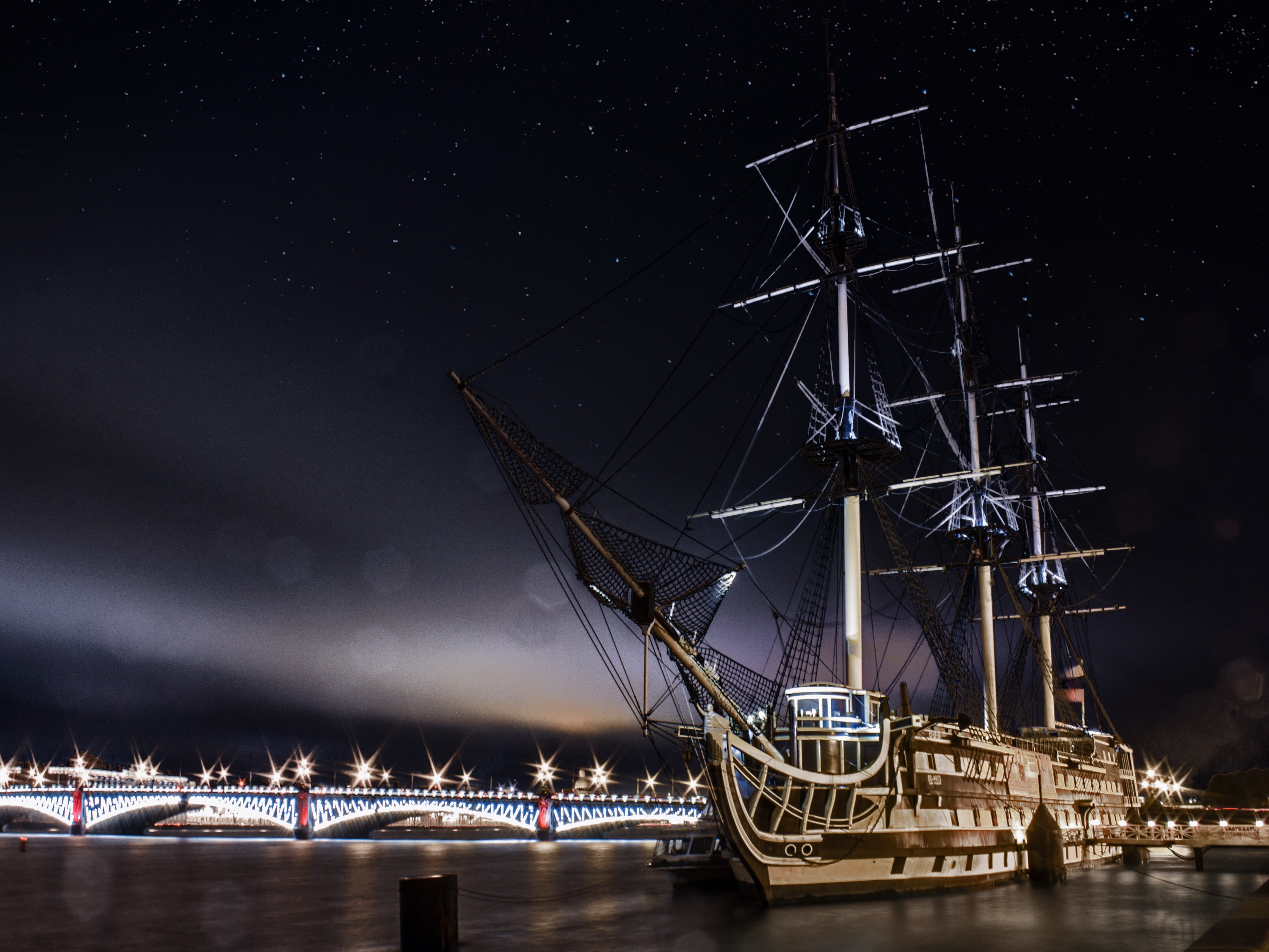 near, sea ​​port, mast, arts culture and entertainment, sailboat, landscape, the ship, connection, clear sky, bridge - man made structure, star - space, HD Wallpaper