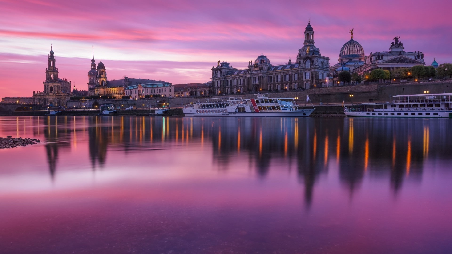 Cathedral, castle, Lights, reflection, Stones, 1080P, sunset, sky, bridge, Cityscape, sculpture, Trees, forest, building, clouds, city, ship, church, Evening, HD Wallpaper