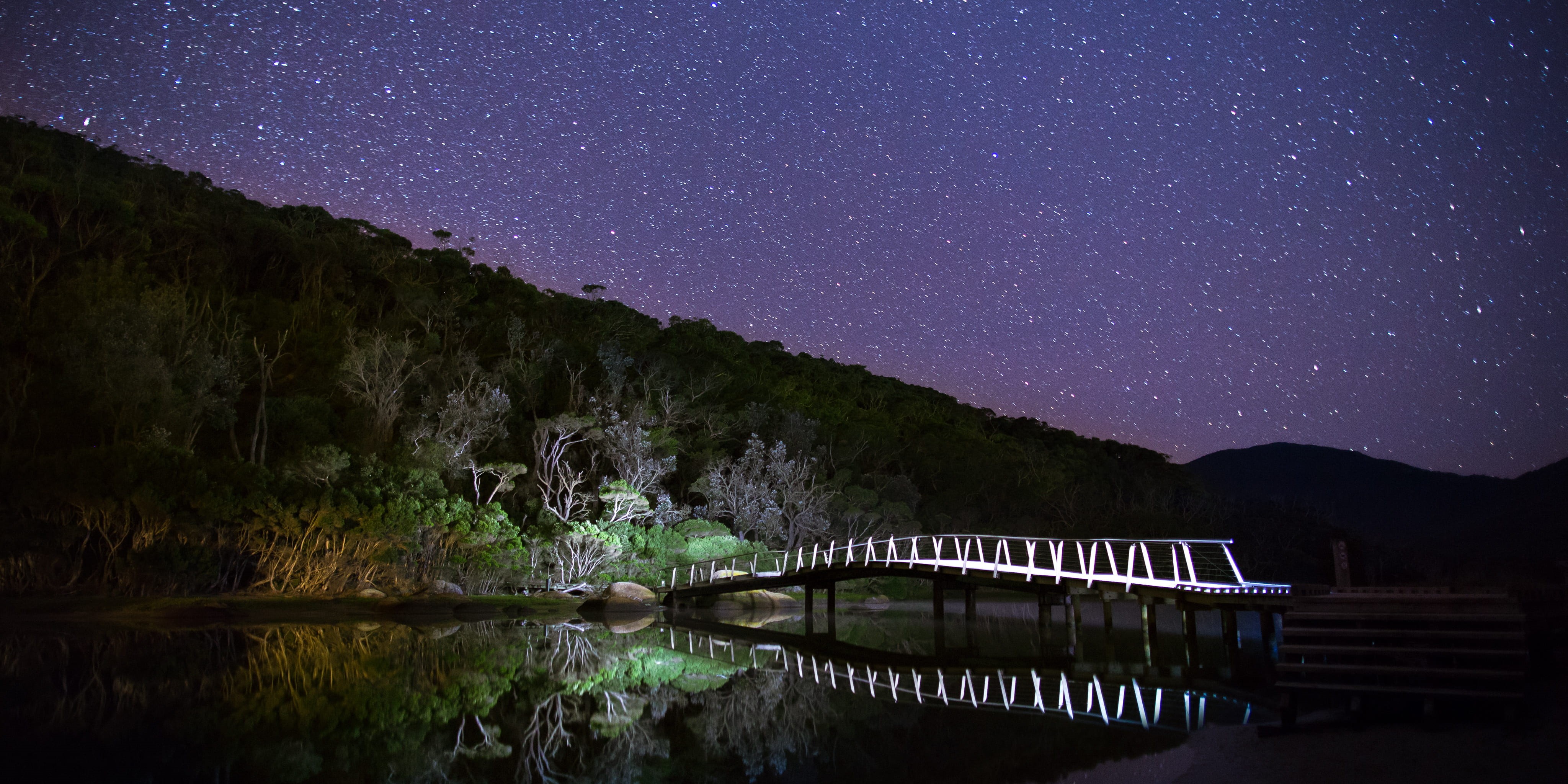 bridge - man made structure, body, stary, tranquility, star - space, night, white, wooden, river, no people, space, arc, 4K, near, space and astronomy, HD Wallpaper