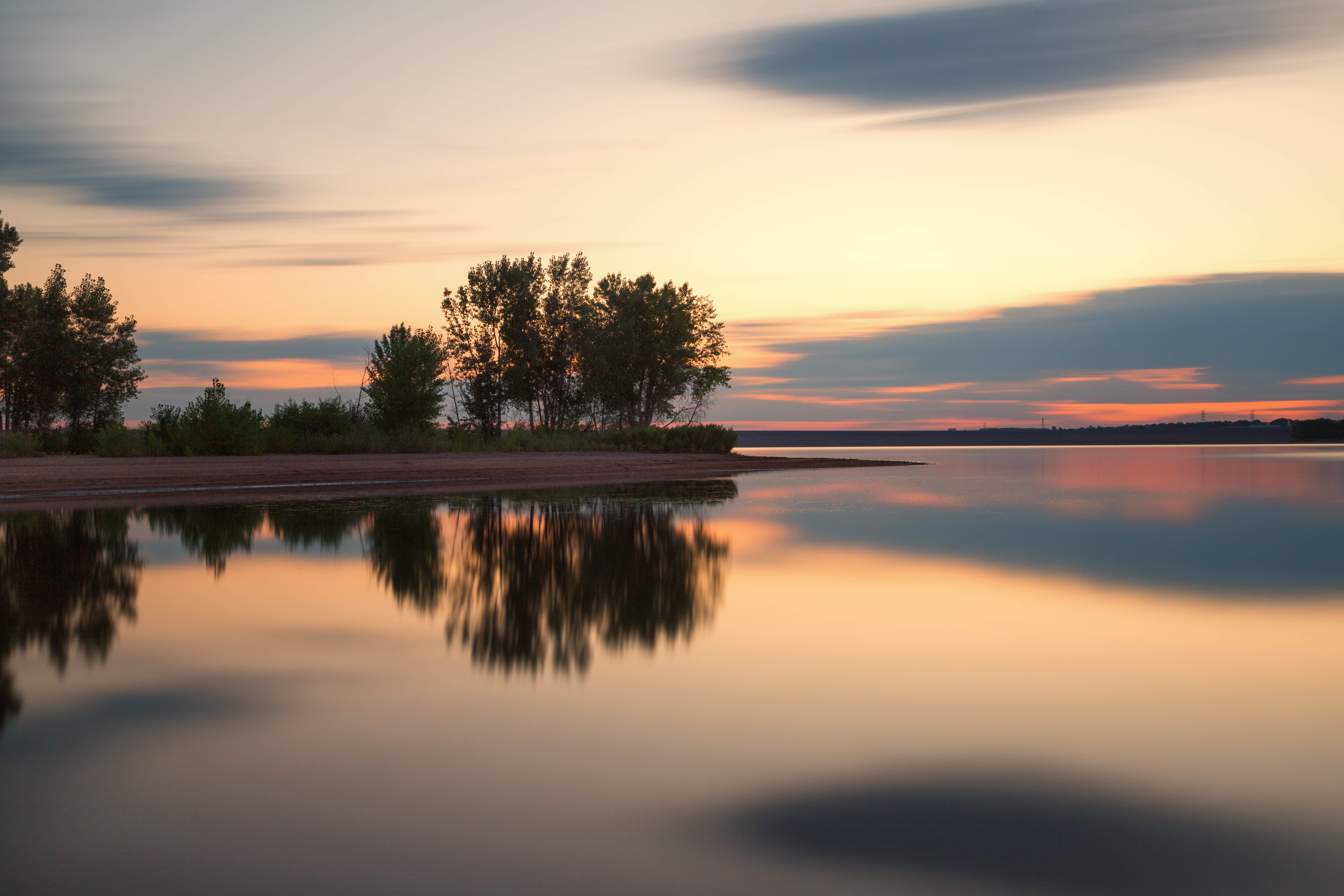 body, landscape, 5K, Light, sunrise, seascape, Lake, reflection, dusk, island, Colorado, surrounded, Dawn, long exposure, Chatfield, nature, sunset, clouds, HD Wallpaper