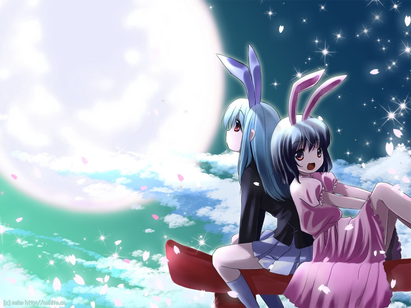 nature, vector, blue, holiday, childhood, moon, one person, costume, tree, digital composite, inaba tewi, animal, lifestyles, looking at camera, space, HD Wallpaper