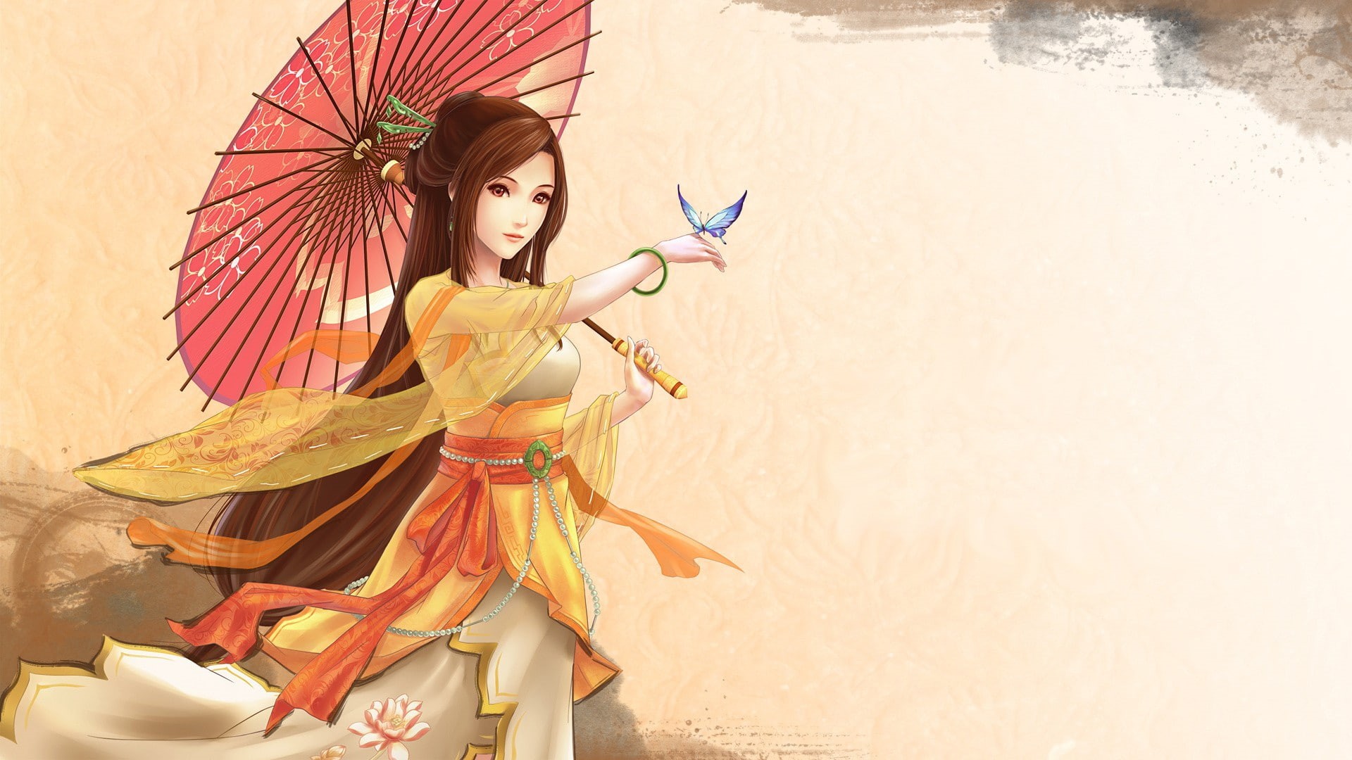 x, umbrellas, women, 1080P, art, Cartoons, drawings, butterflies, artwork, anime, hd, animals, HD Wallpaper