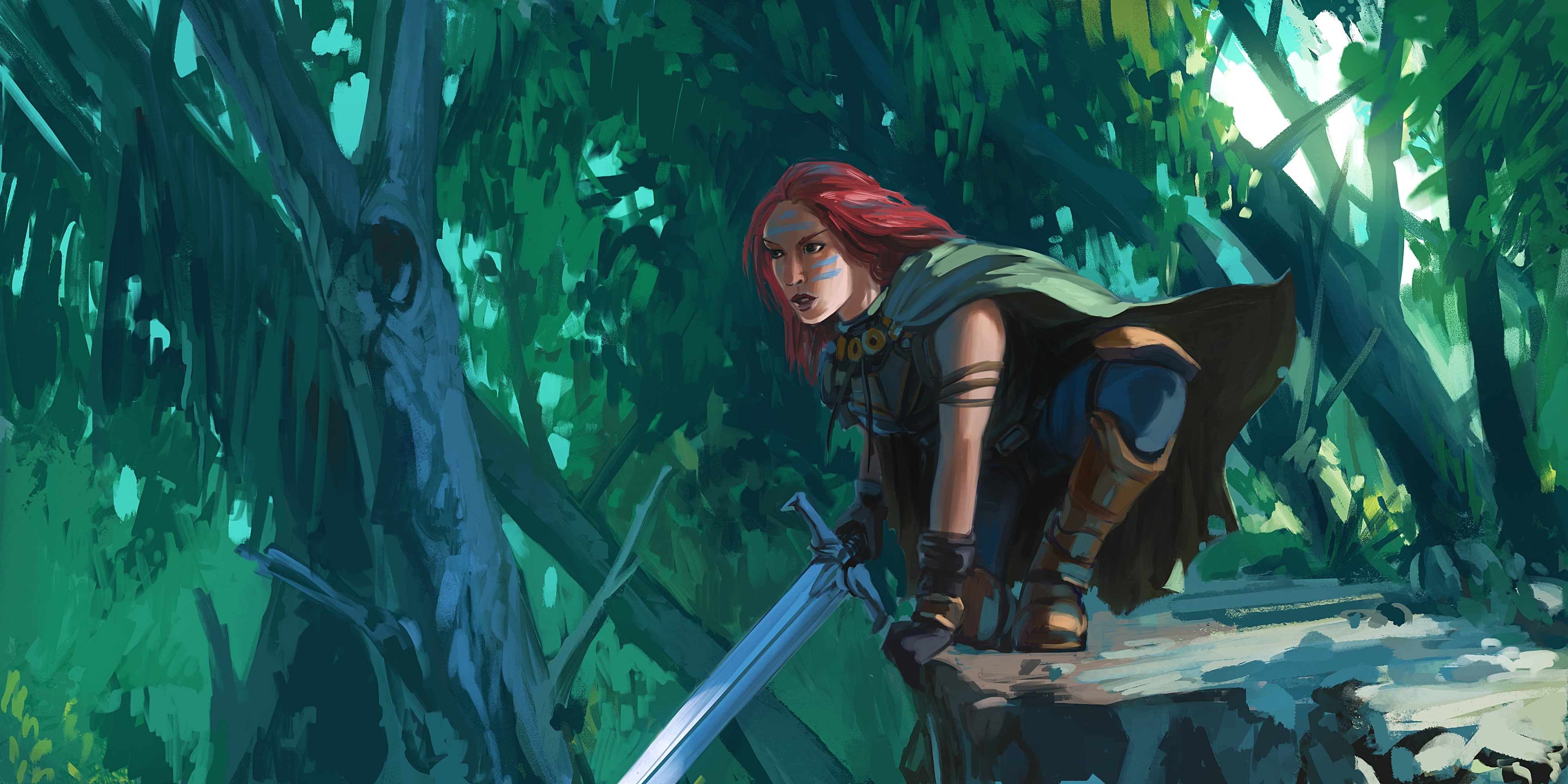look, art, Forest Ranger, sword, red, forest, 4K, girl, HD Wallpaper
