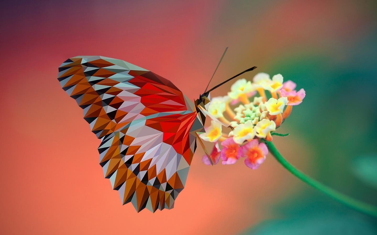 flowers, nature, digital art, 720P, low poly, closeup, butterfly, HD Wallpaper