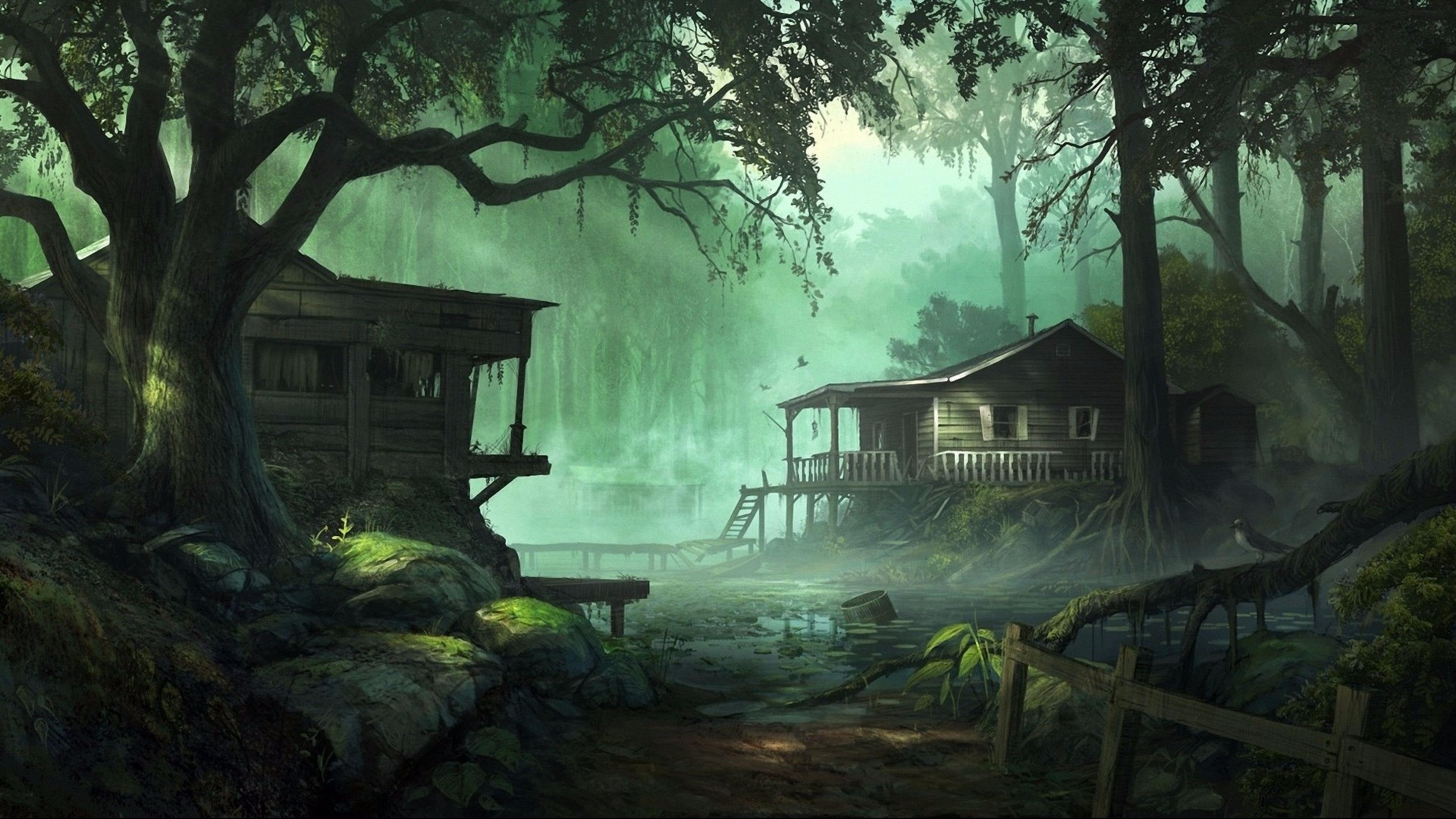trees, artwork, dark, 4K, forest, art, houses, HD Wallpaper