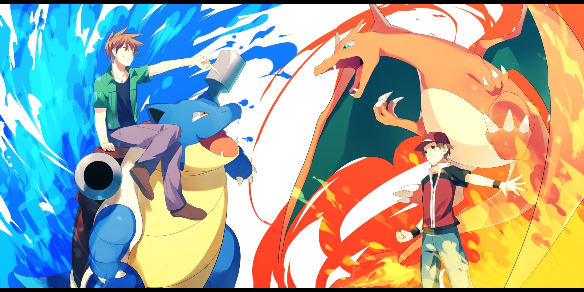 pokemon, 1080P, green, fire, charizard, blastoise, hat, red, water, ookido, achiki, HD Wallpaper