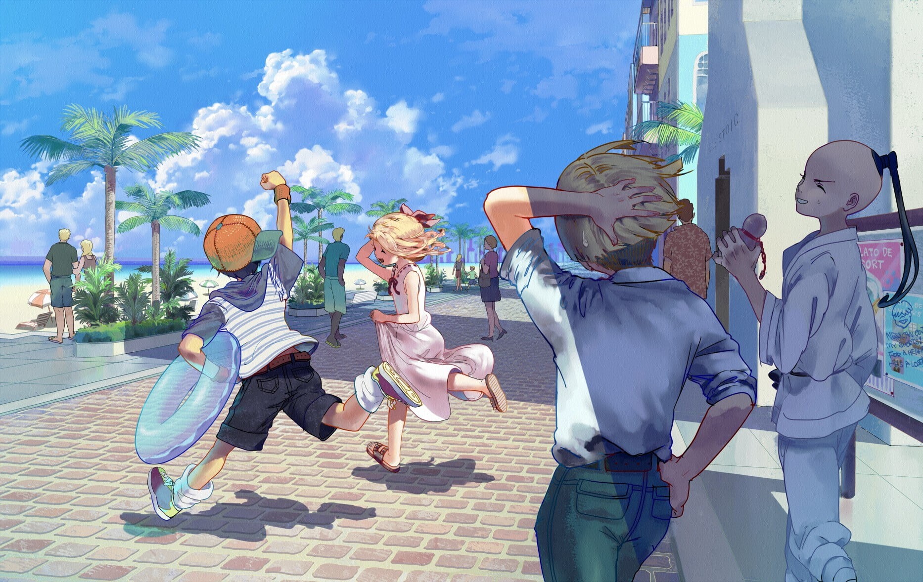 lifestyles, sky, boy, sunlight, ring, representation, group of people, anime, nature, architecture, 720P, outdoors, girl, men, built structure, celebration, HD Wallpaper