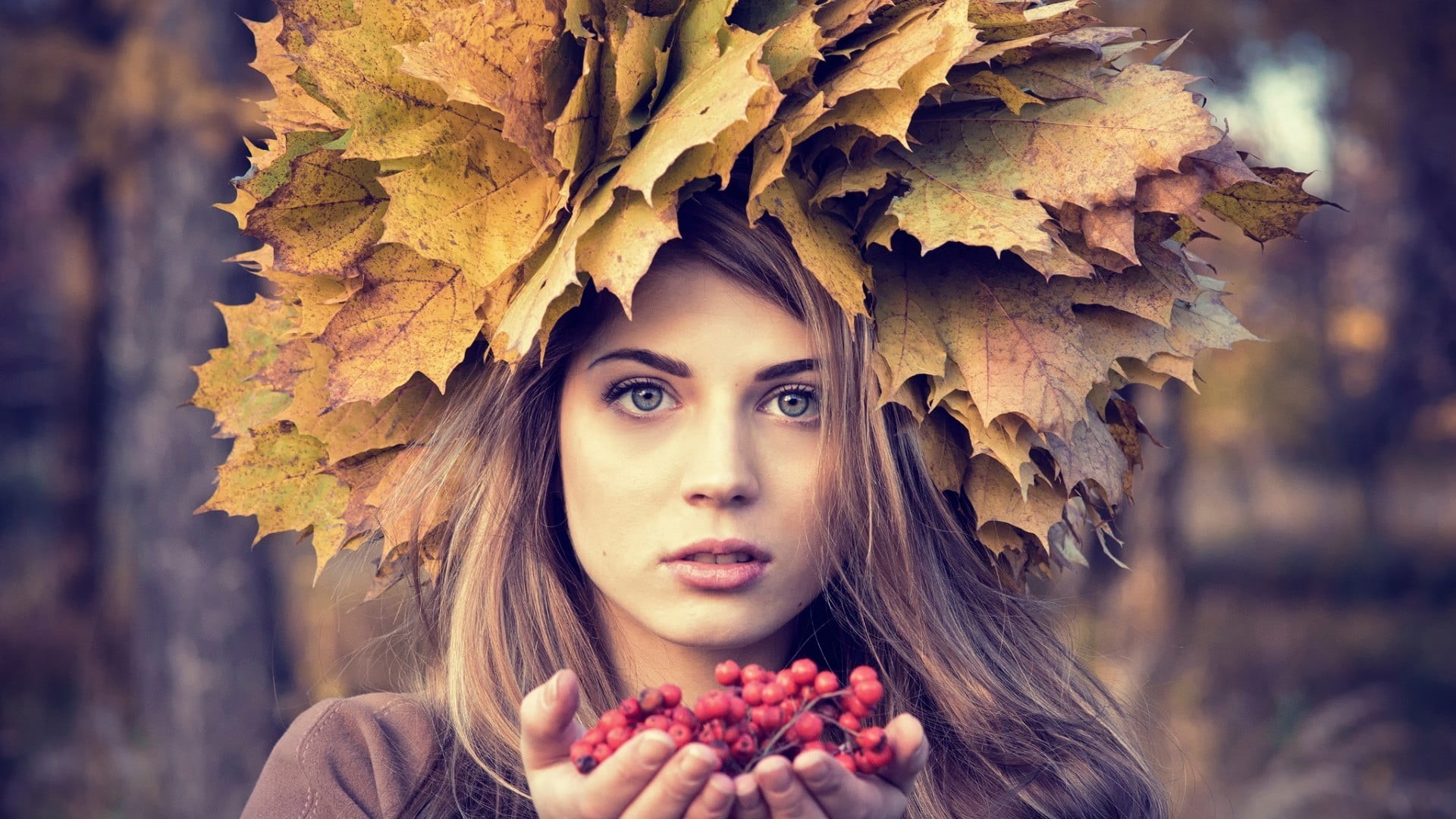adult, leaf, females, portrait, woman, lifestyles, leaves, relaxation, joy, beautiful, contemplation, beauty In Nature, food, 1080P, human Face, red, brown, HD Wallpaper