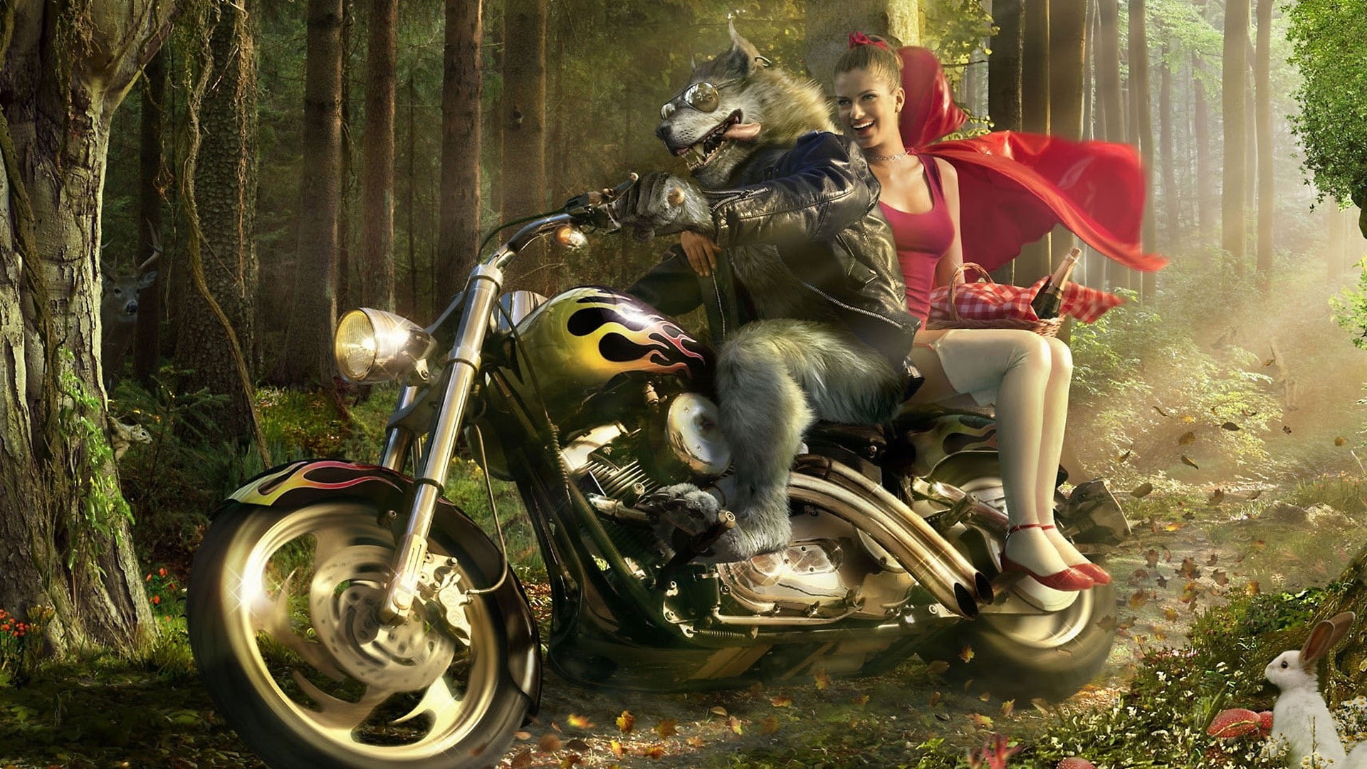 little, wolf, hd, x, 1080P, Little Red Riding Hood, d, artwork, harley, davidson, art, motorcycles, riding, red, hood, HD Wallpaper
