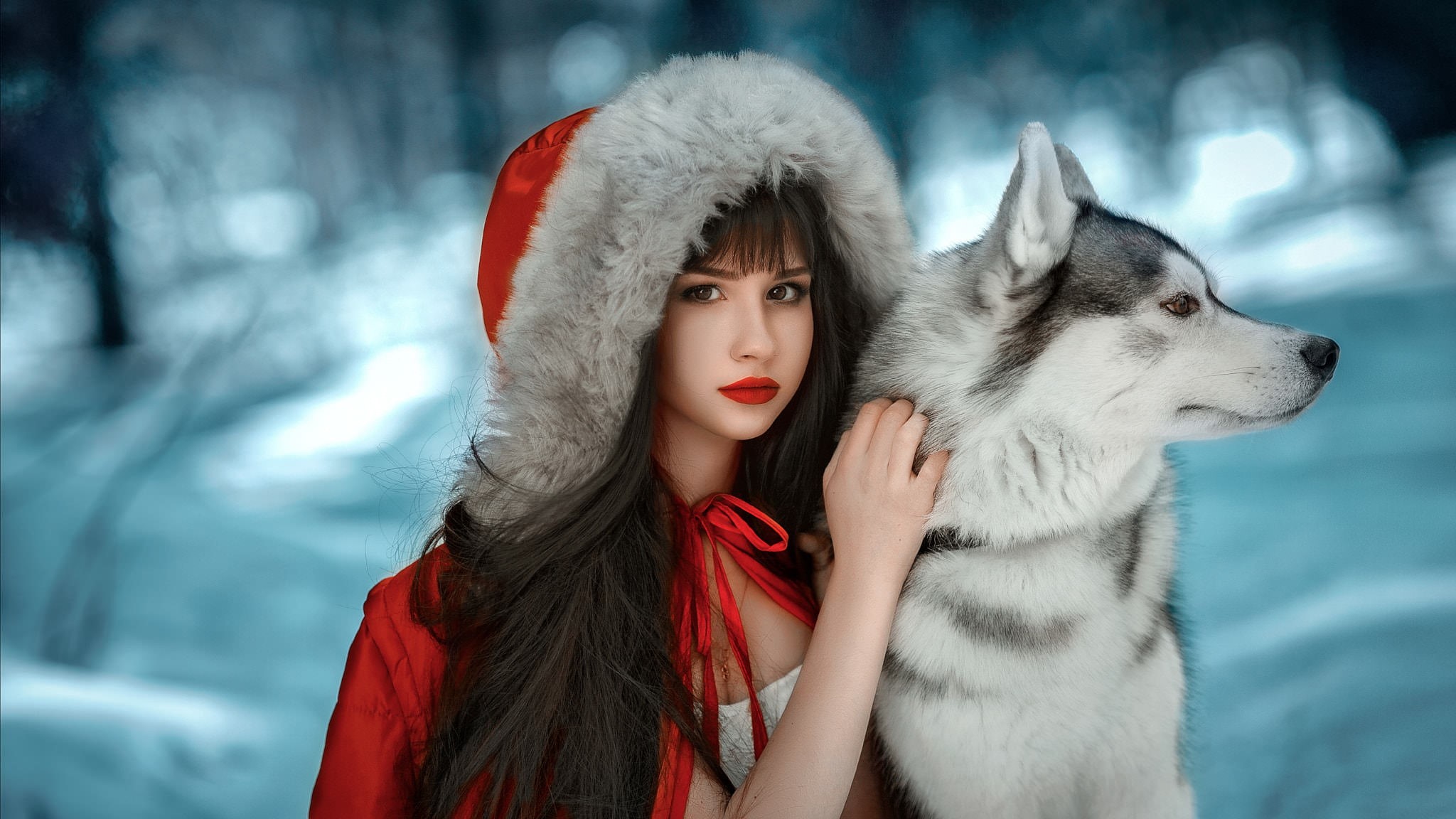 Little Red Riding Hood, beautiful woman, clothing, young adult, beauty, winter, warm clothing, adult, hoods, 1080P, Siberian Husky, women, outdoors, animals, HD Wallpaper