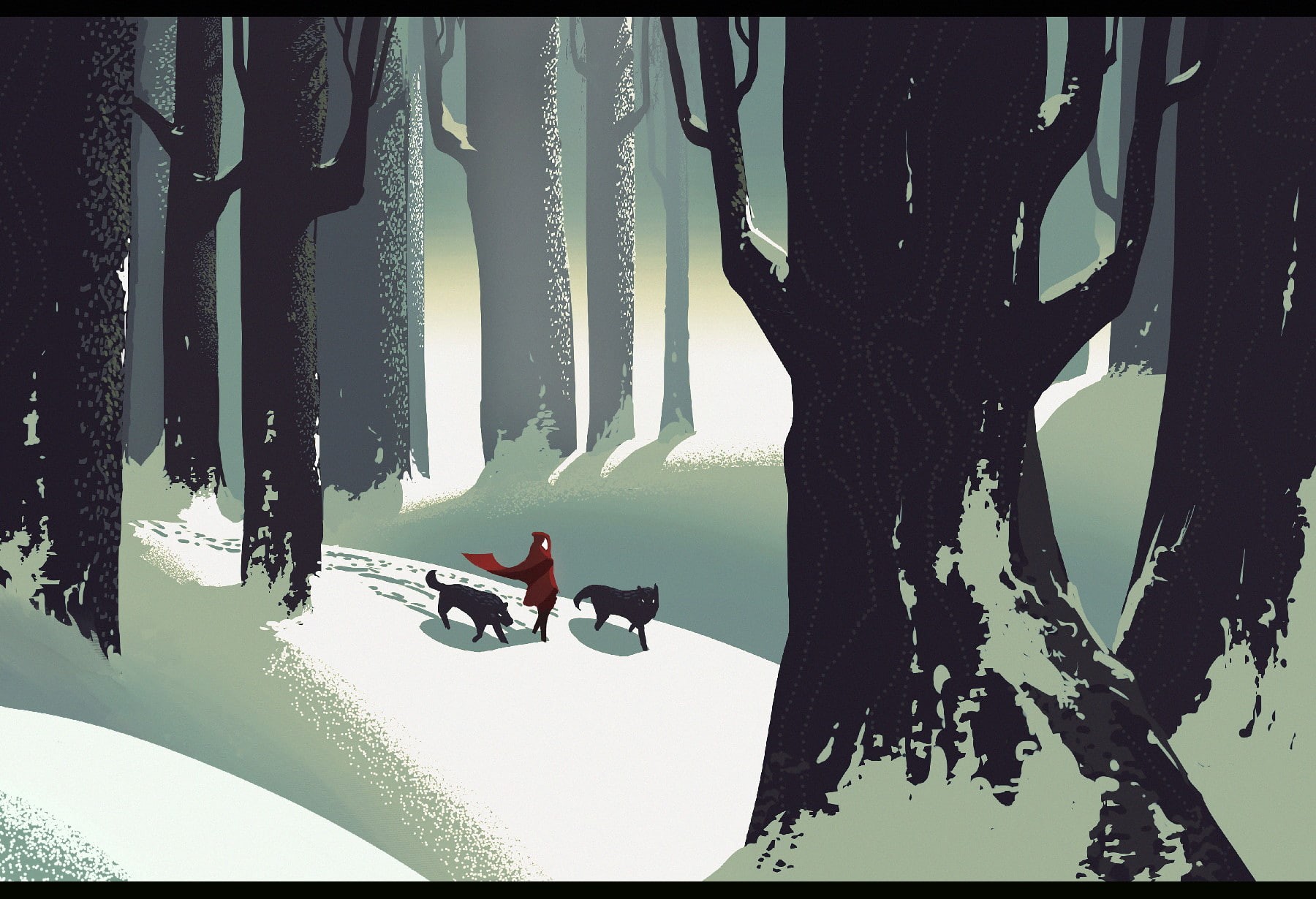 wolf, artwork, Little Red Riding Hood, 720P, Mahea Rodrigues, winter, animals, Trees, Fairy Tale, snow, Fantasy girl, illustration, forest, HD Wallpaper