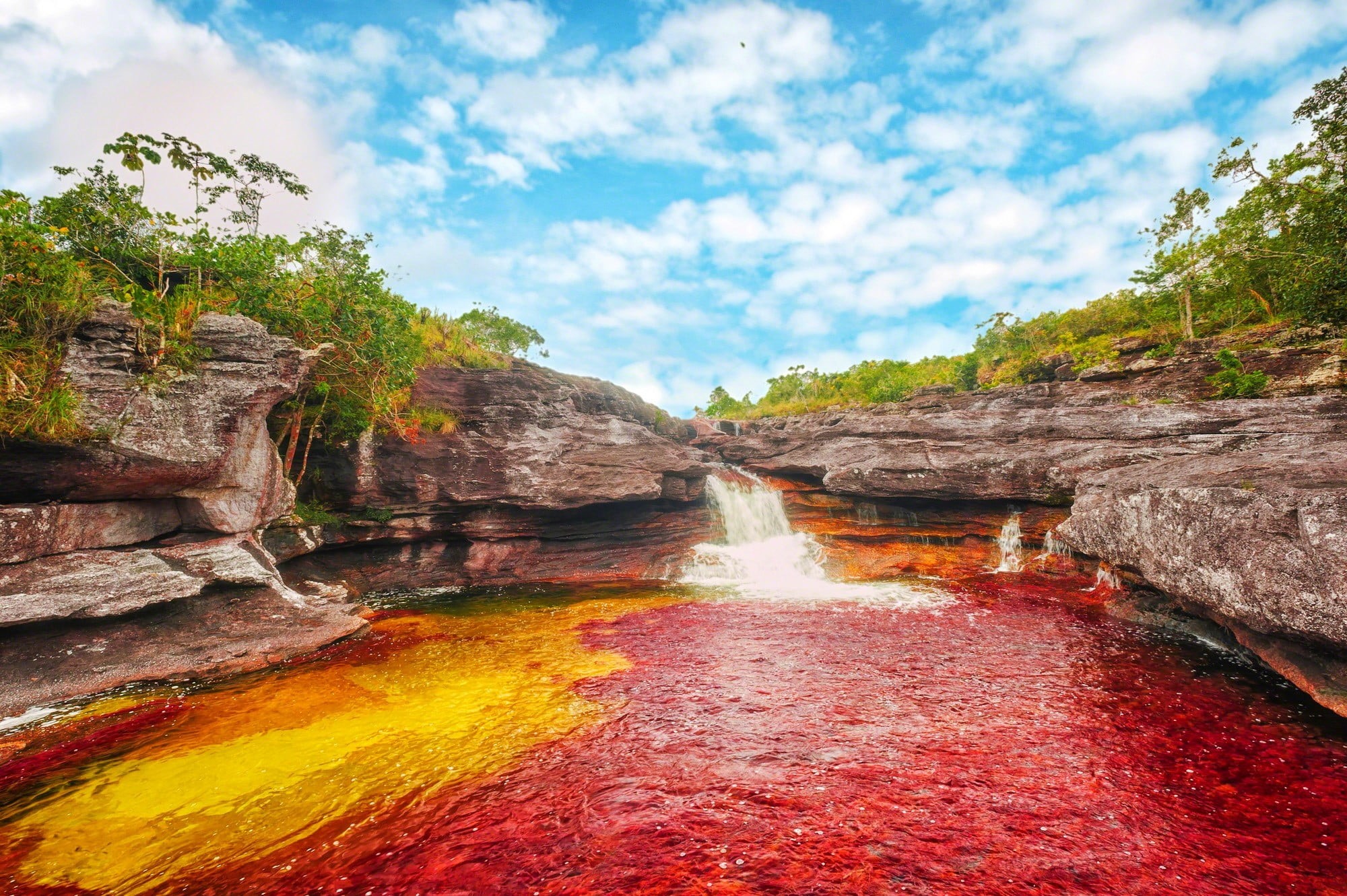 red, sky, beauty in nature, rock, green, nature, blue, brown, white, formation, non-urban scene, water, outdoors, scenics - nature, flowing water, rock - object, HD Wallpaper