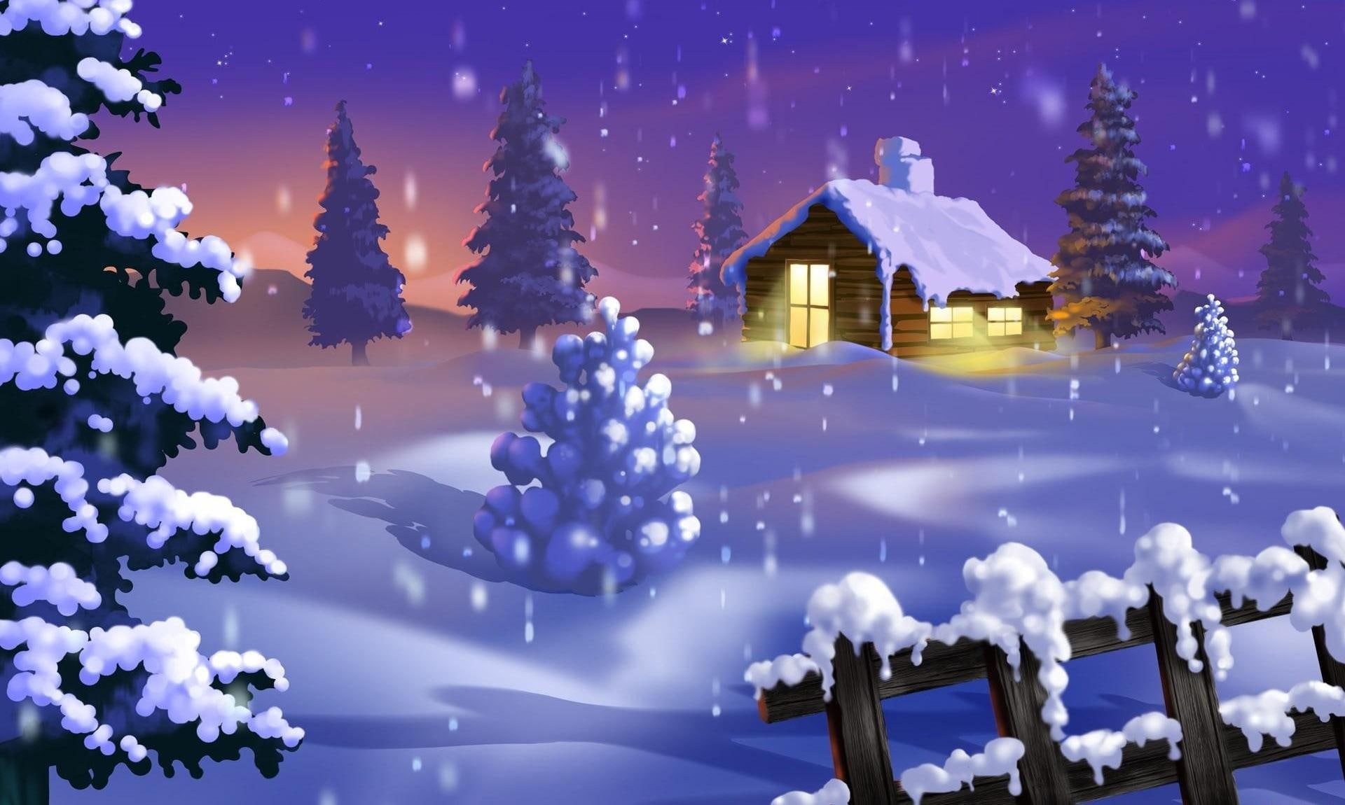 cabin, trees, year, night, new, middle, lights, christmas trees, brown, christmas, home, holiday, illustration, snow, new year, 1080P, HD Wallpaper
