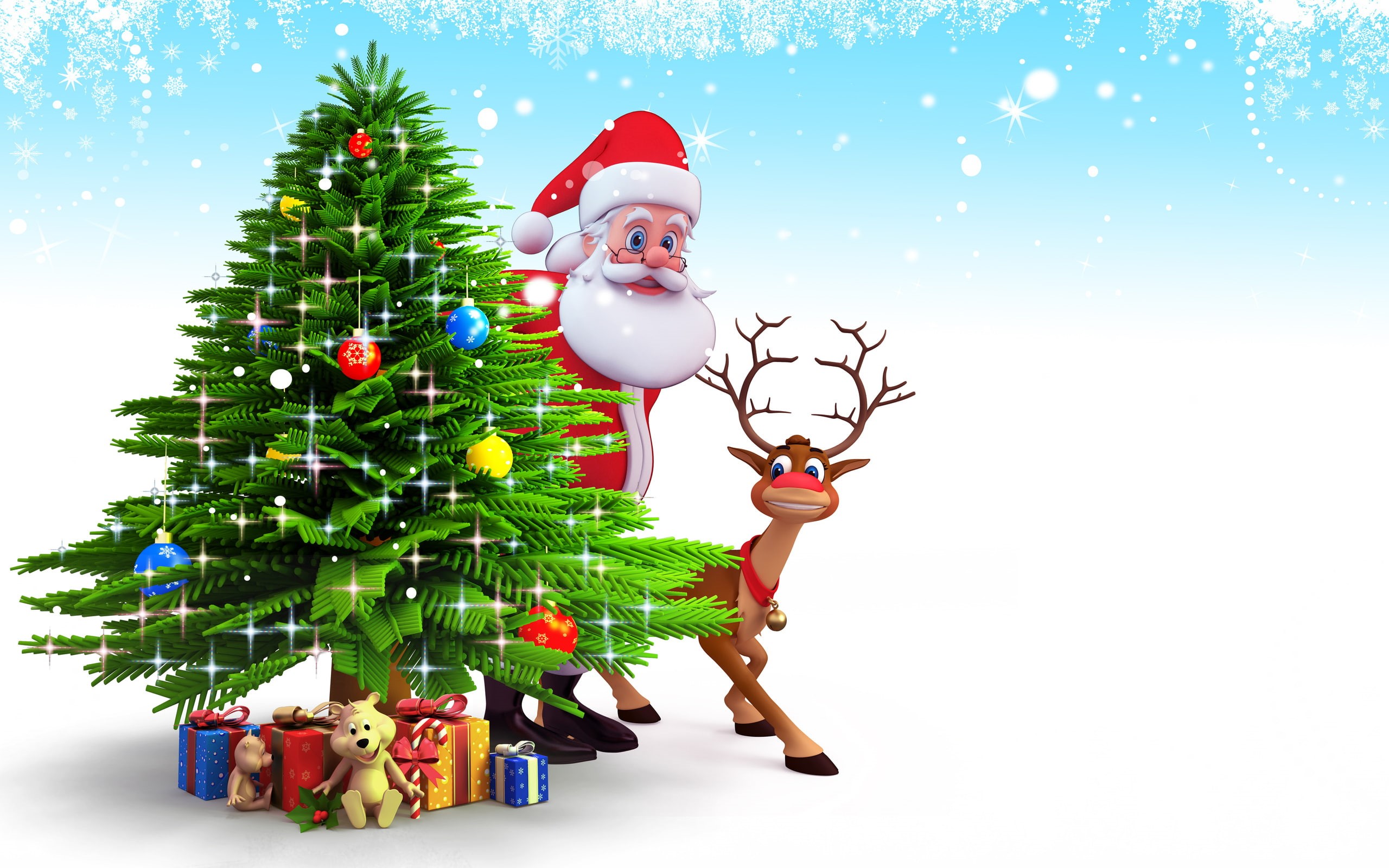 2K, tree, christmas, year, reindeer, claus, snow, santa, HD Wallpaper