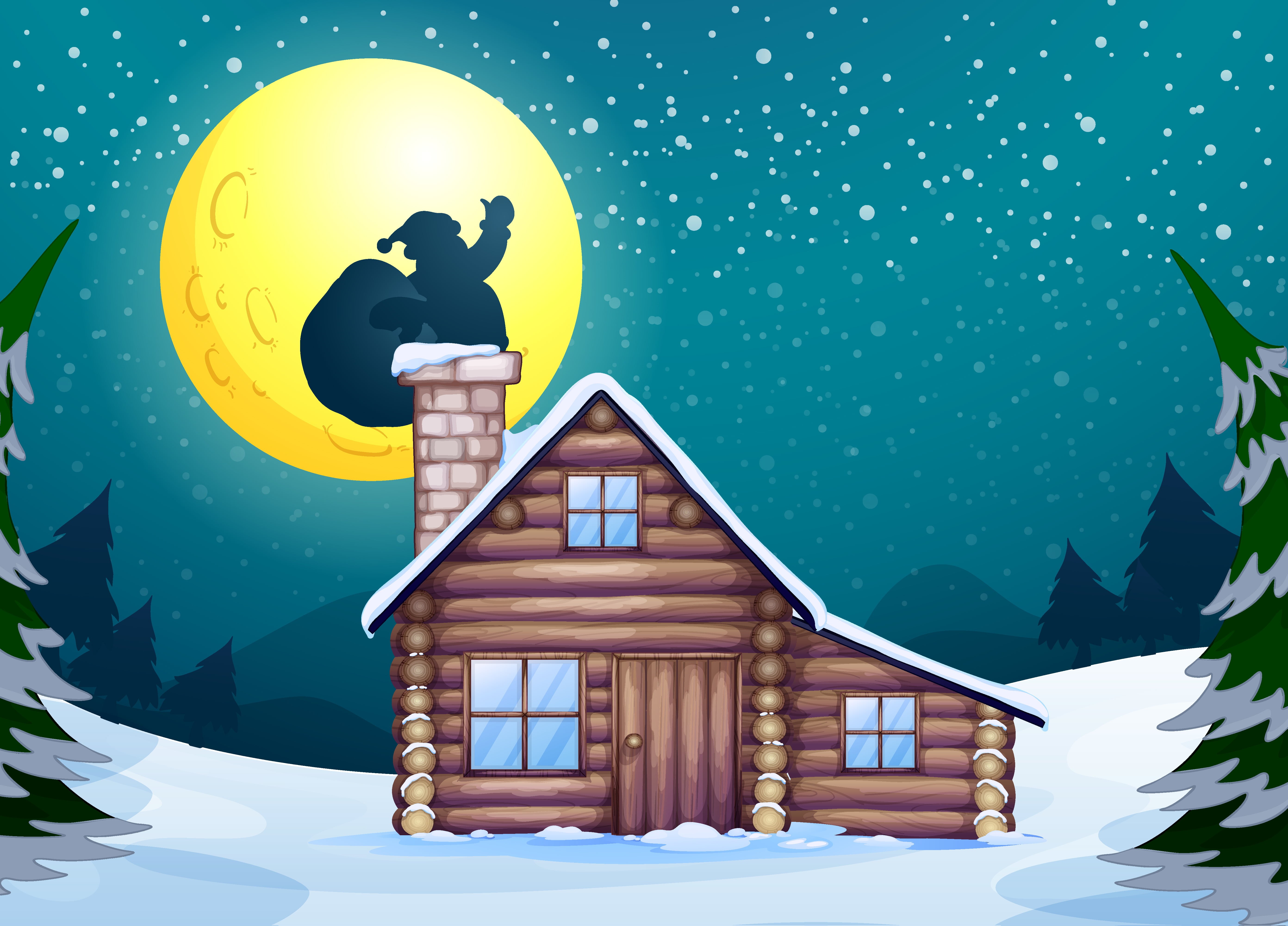 the moon, celebration, house, building, claus, illustration, window, 5K, vector, holiday, cabin, roof, blue, architecture, mountain, Christmas, built structure, HD Wallpaper