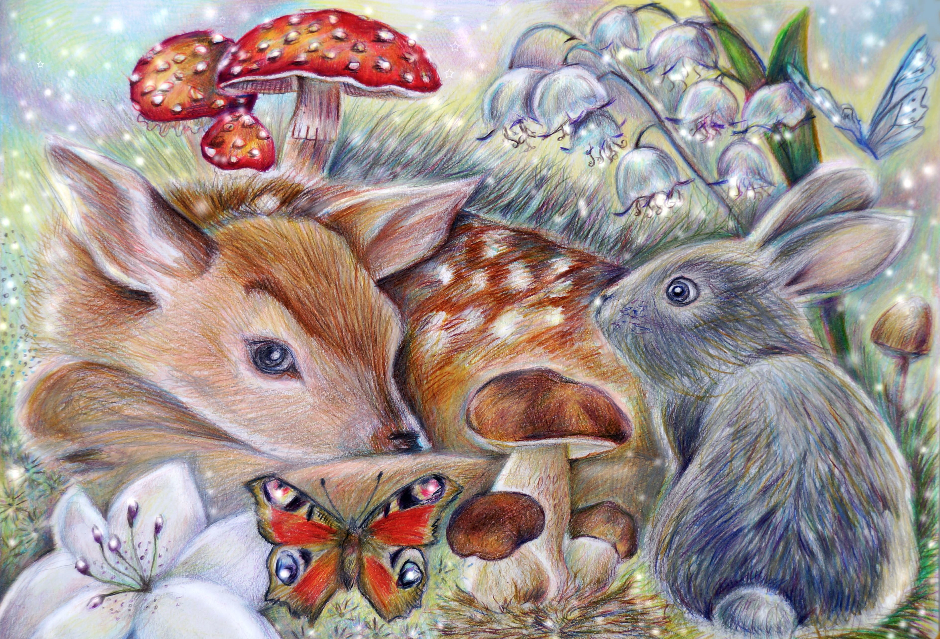 art, thumper, Bambi, rabbit, the little fawn Bambi, 2K, mushroom, butterfly, HD Wallpaper